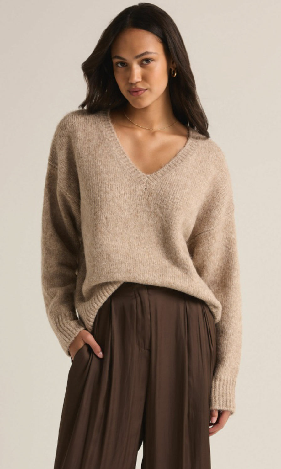 All I Want V-Neck Sweater Heather Taupe - Z Supply
