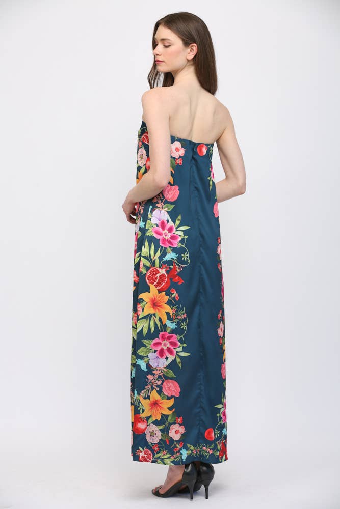 BOTANICAL BORDER PRINT STRAPLESS MAXI DRESS