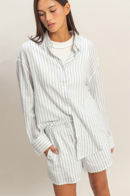 blue pin stripe button blouse