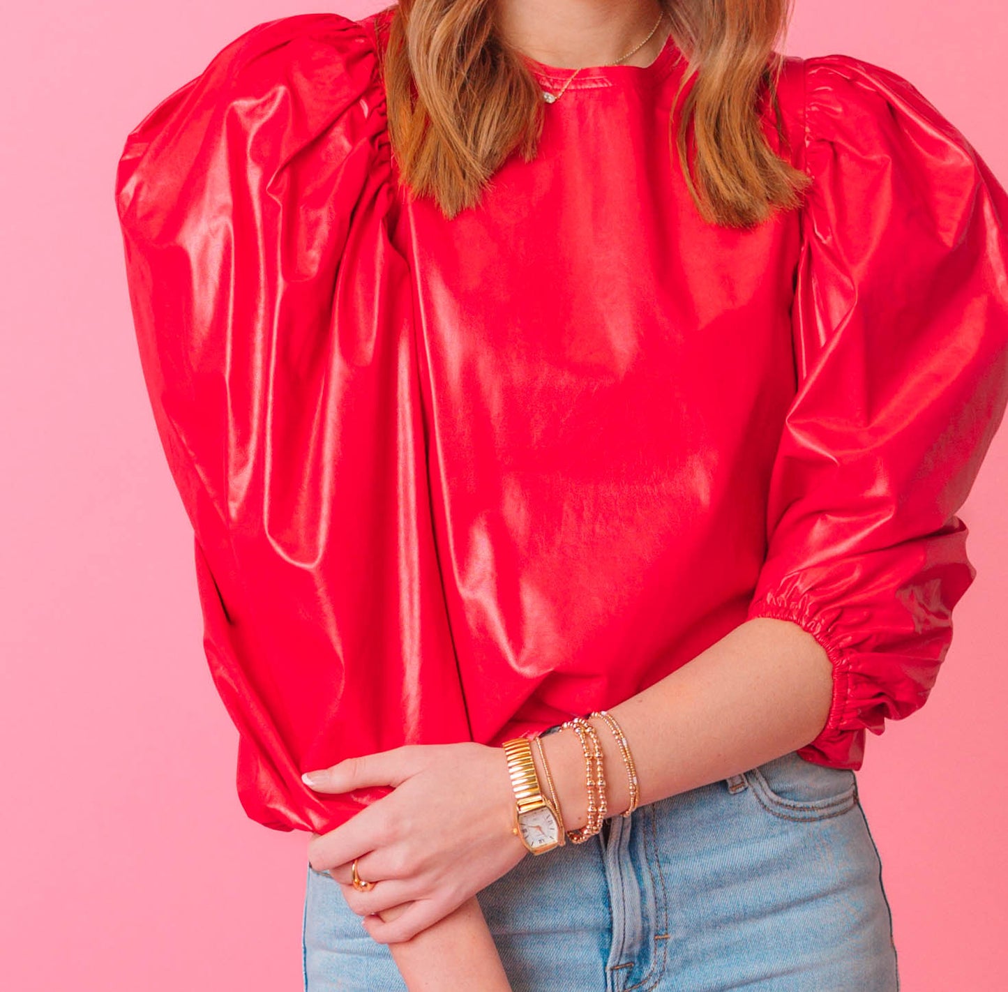 Solid Pleather Puff Slv Top (Cranberry) by Karlie - final sale