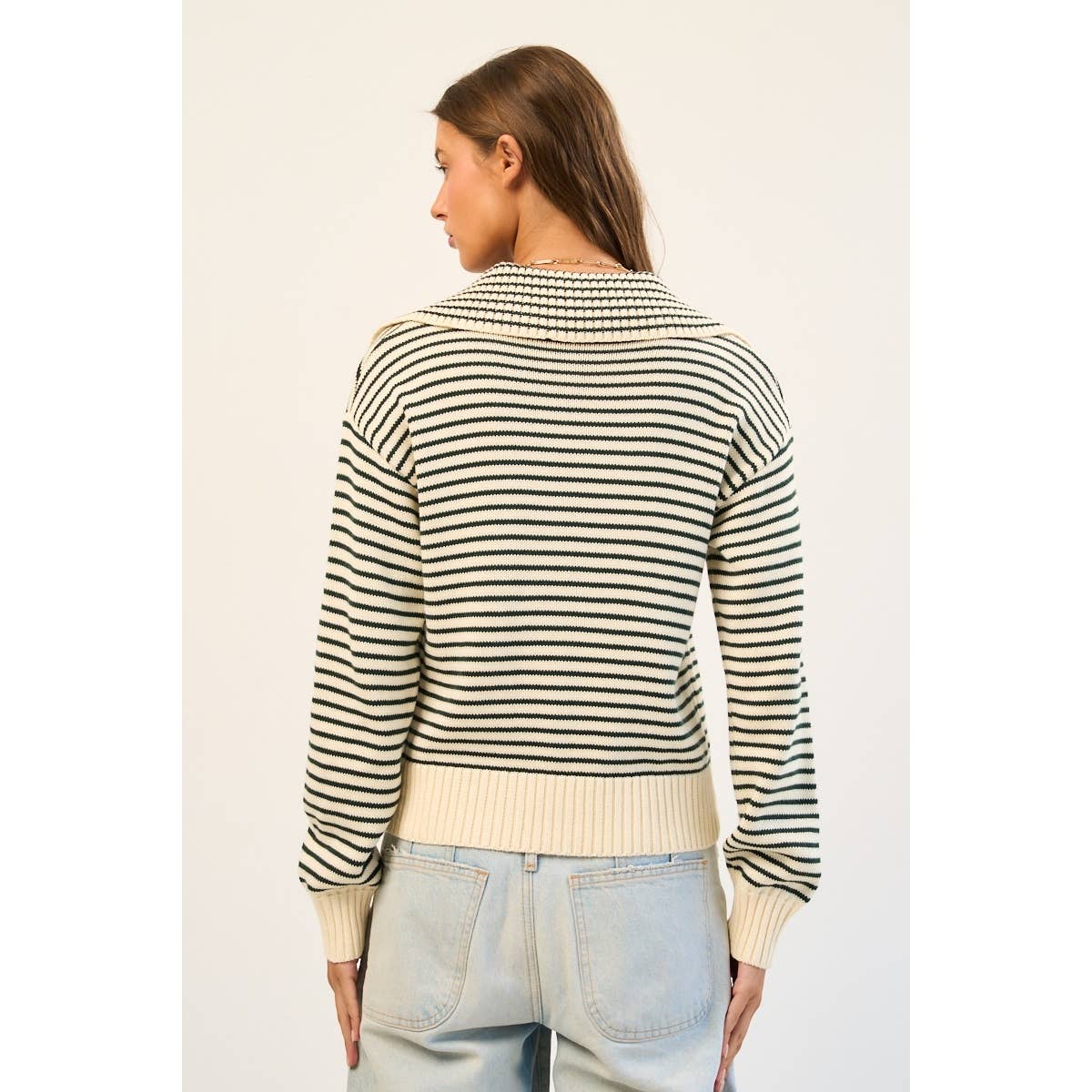 Striped Cotton Blend Zip-Up Sweater with Wide Collar
