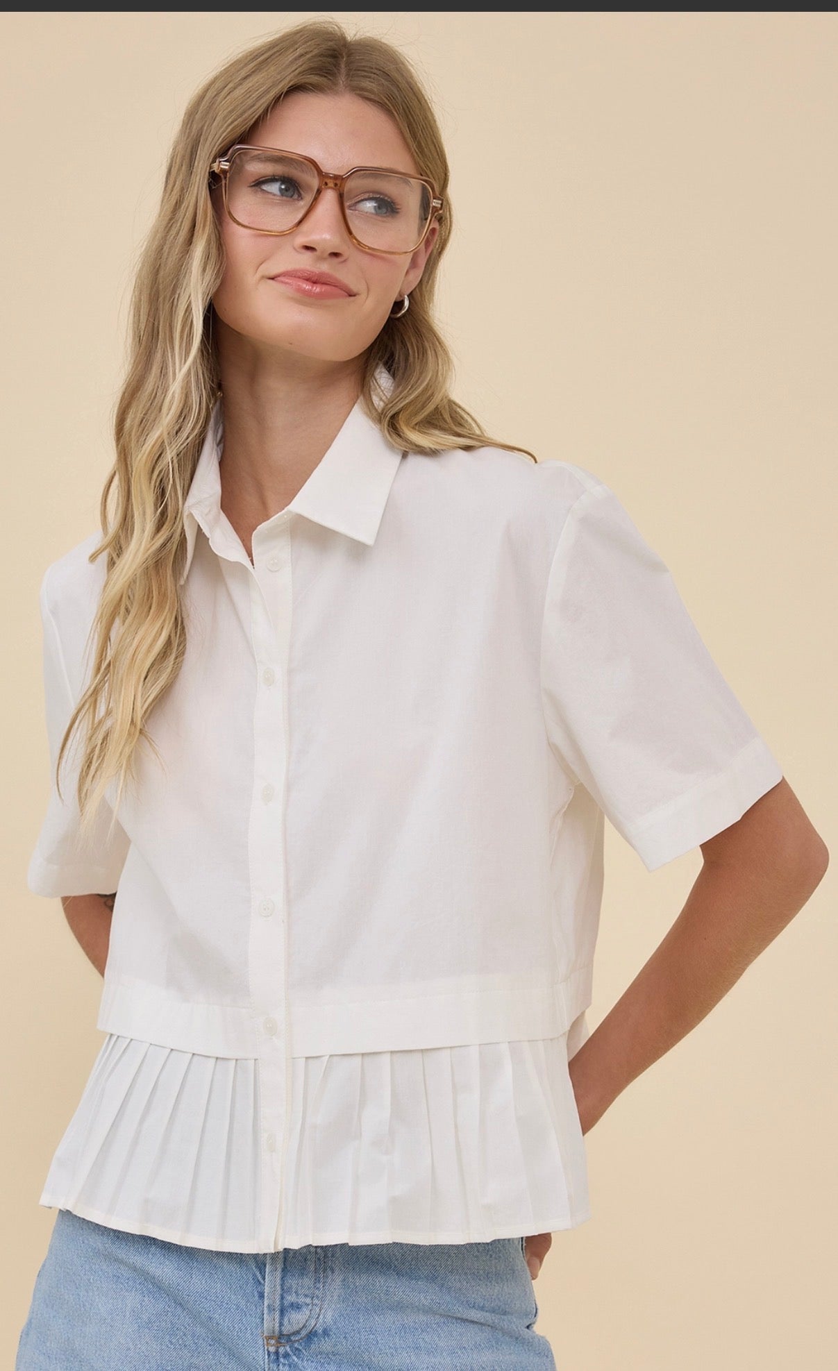 Pleated Hem Short Sleeve Shirt Top