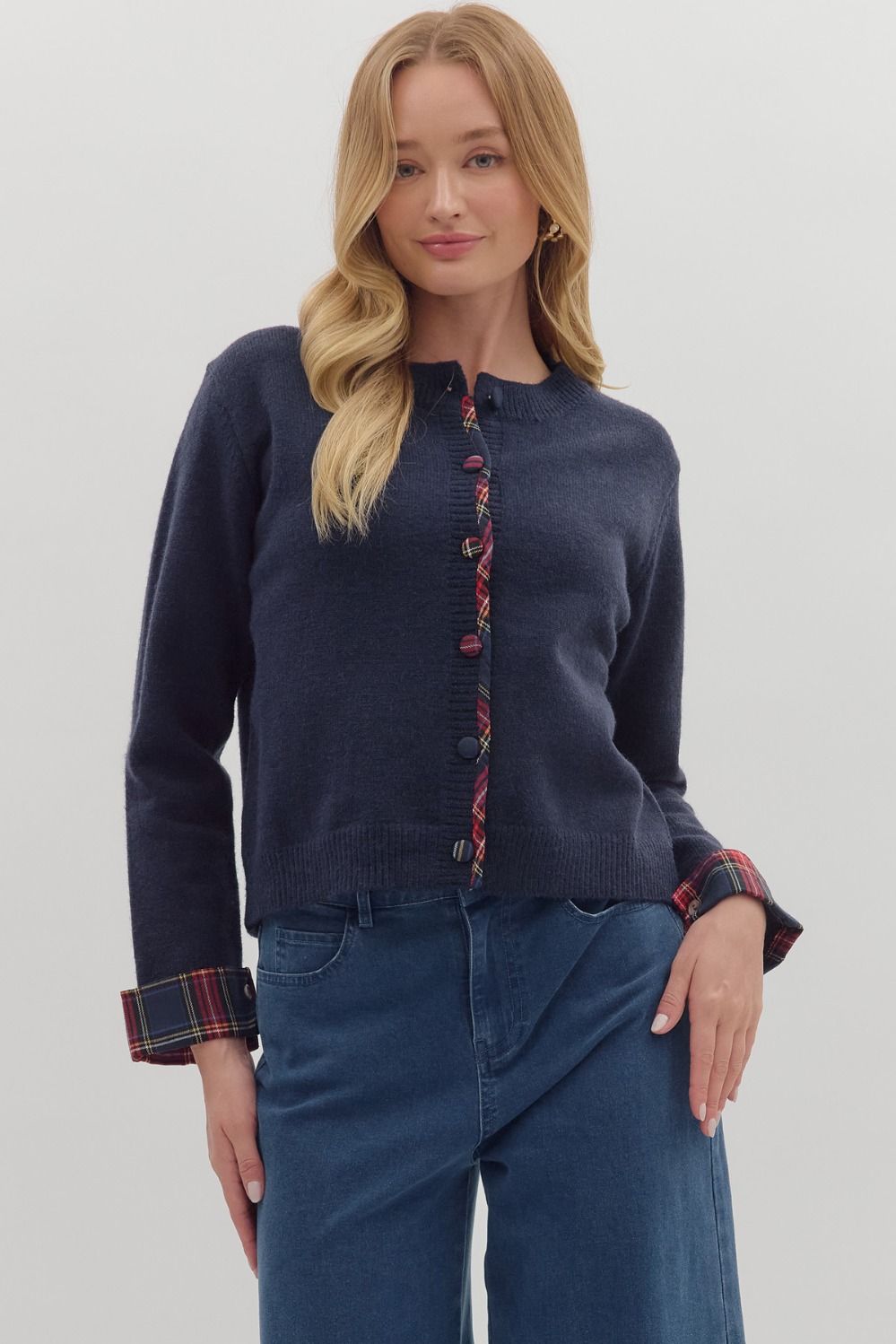 Navy/Plaid button cardigan