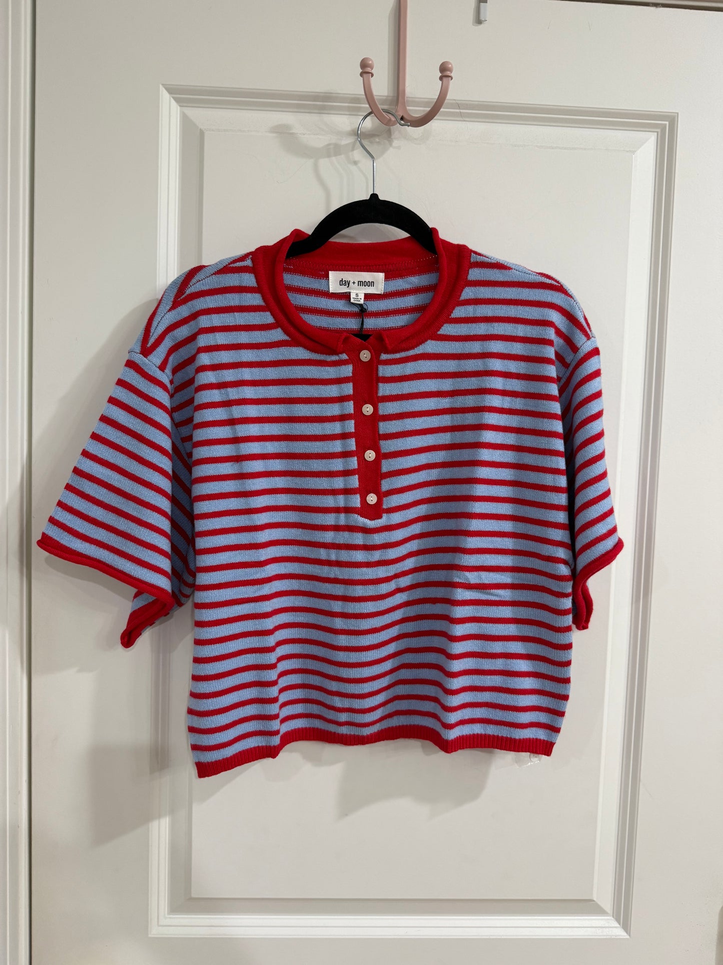 STRIPED SHORT SLEEVE HENLEY KNIT TOP DROP SHOULDER (2 colors)
