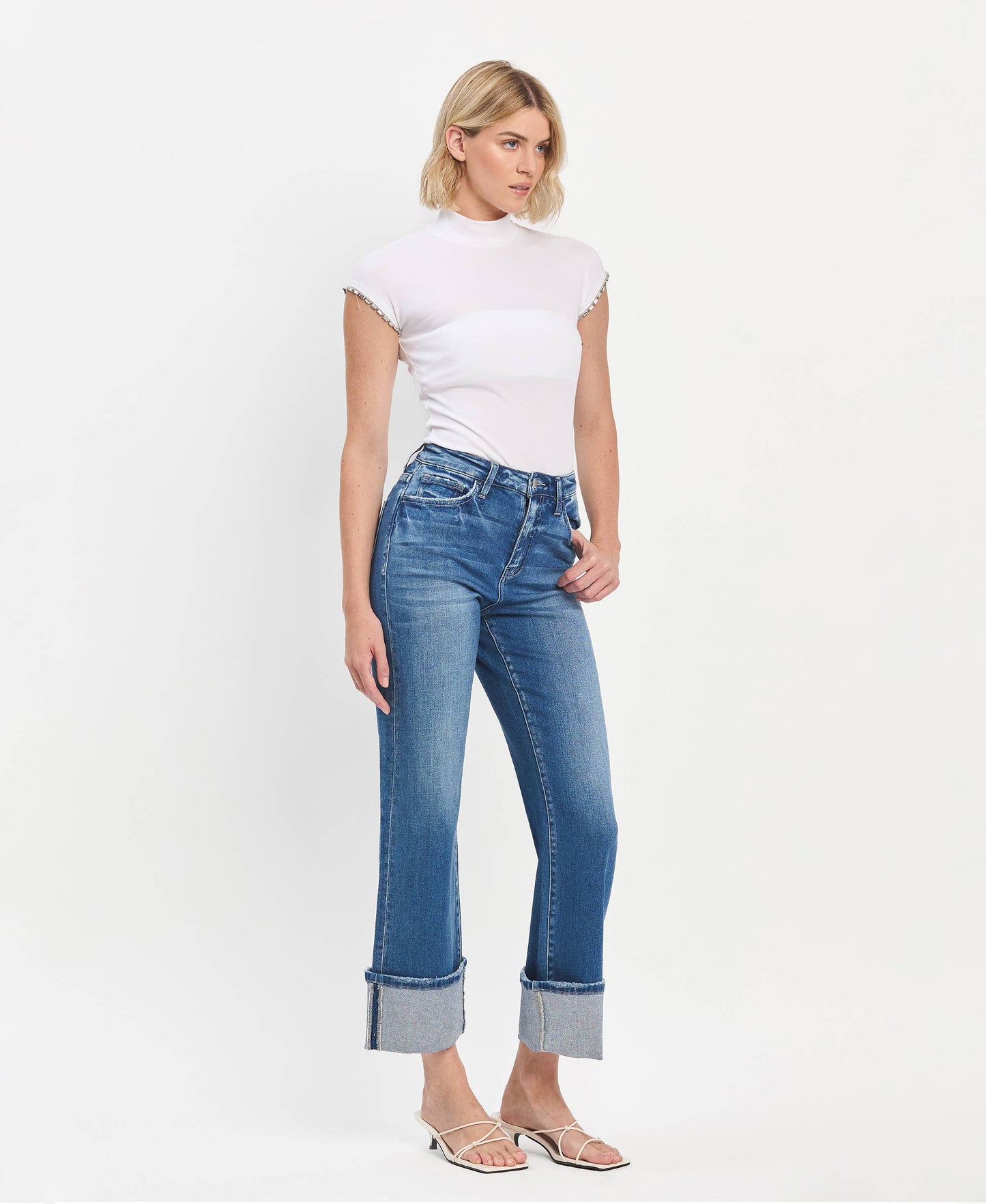 90'S VINTAGE SUPER HIGH RISE CUFFED FLARE JEANS