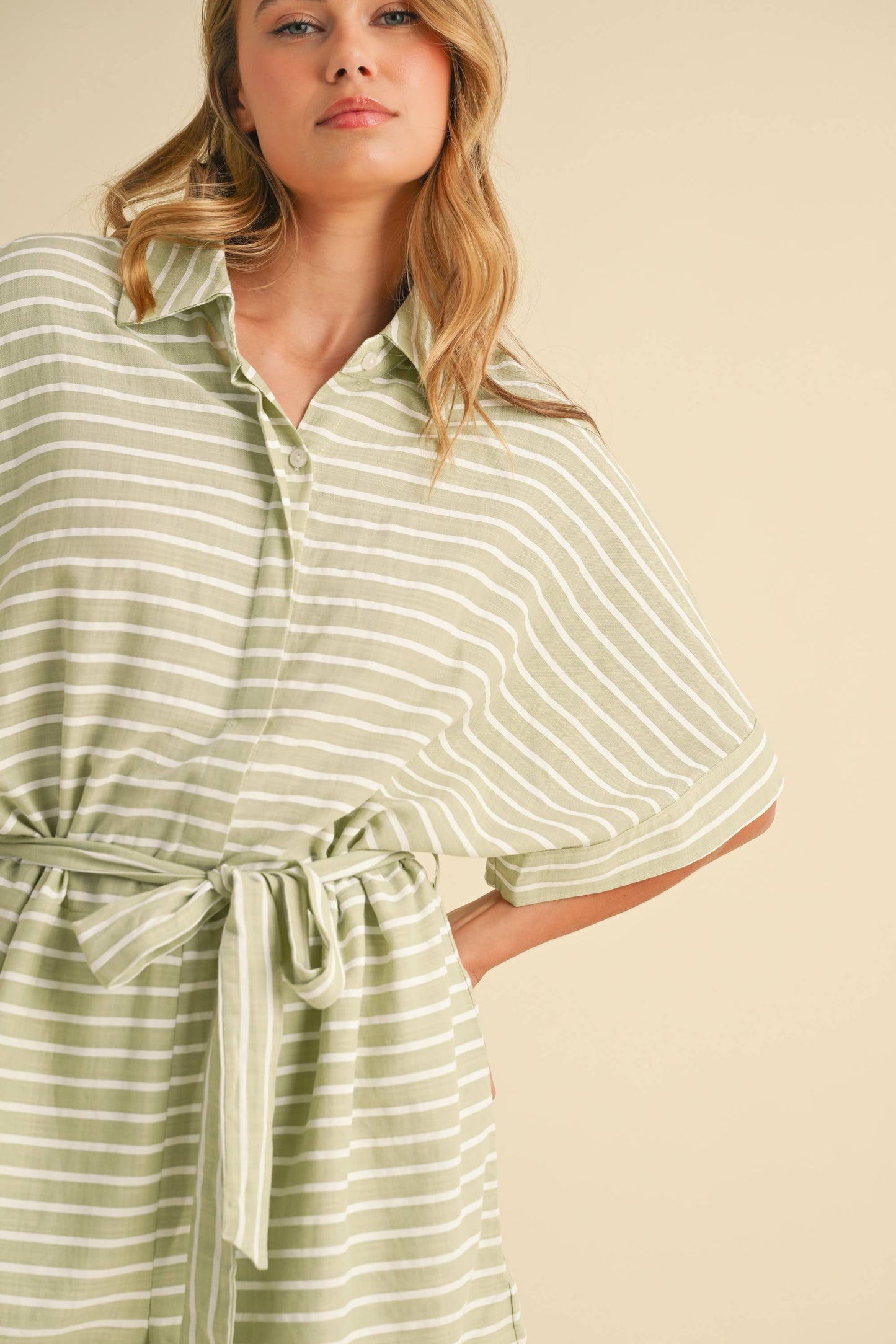 STRIPED RELAXED FIT BELTED SHORT SLEEVE ROMPER