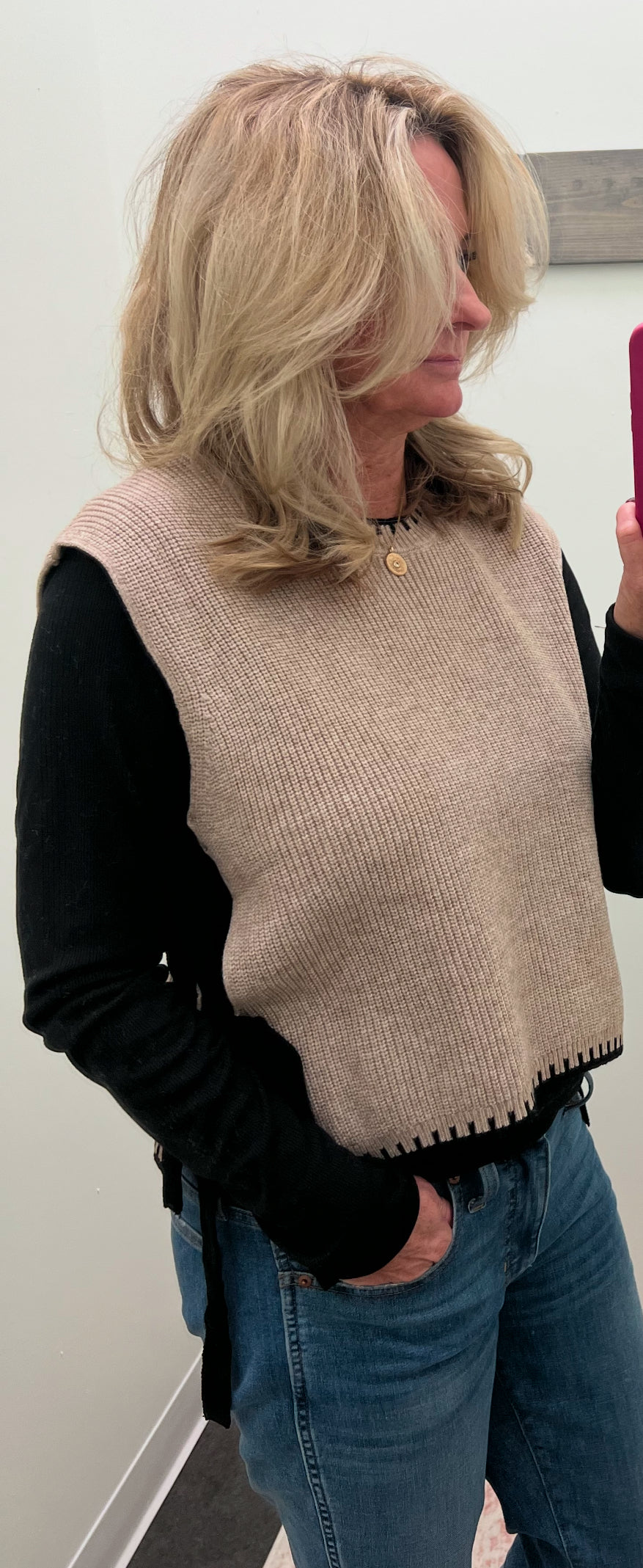 Mock Neck Sleeveless Sweater - taupe/black