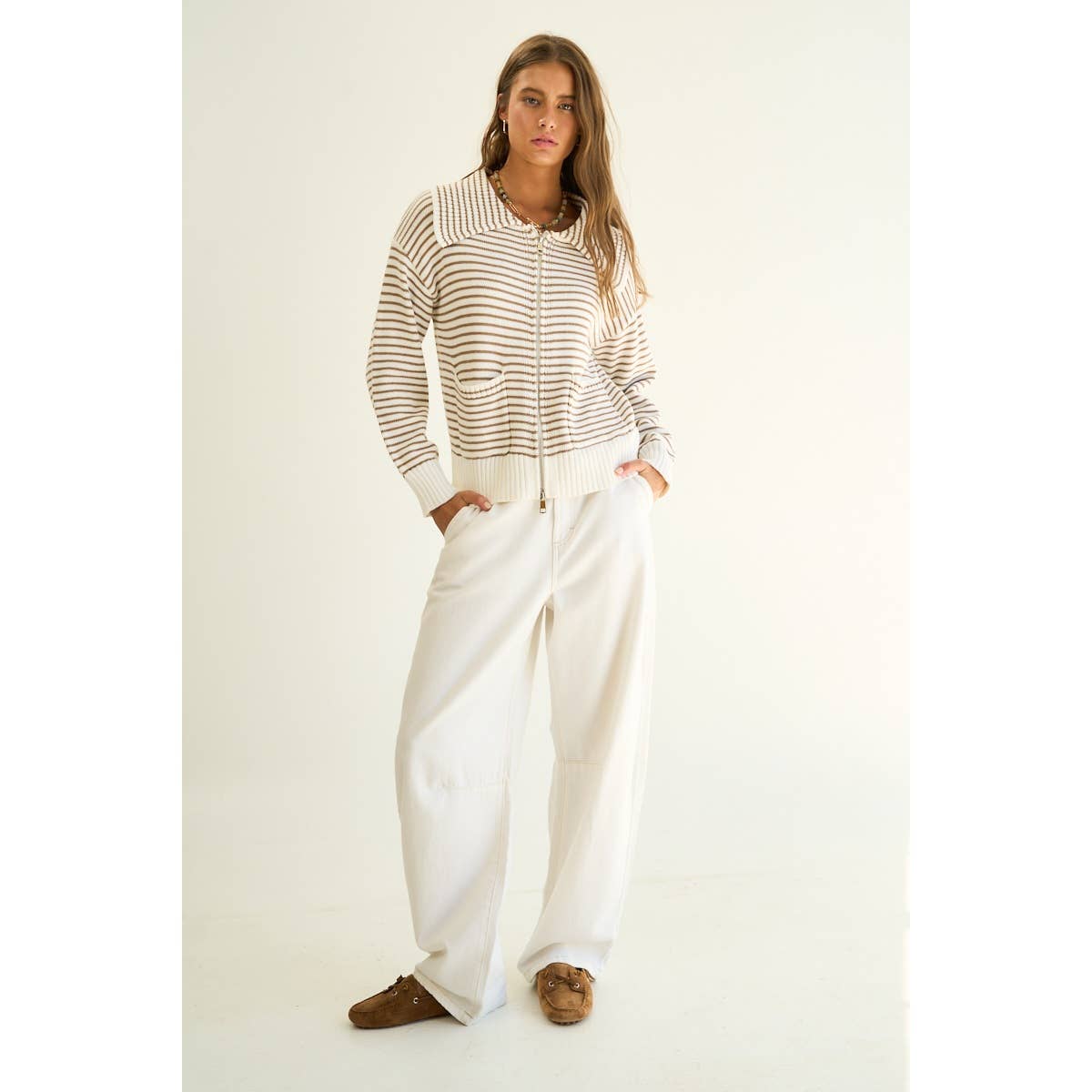 Striped Cotton Blend Zip-Up Sweater with Wide Collar