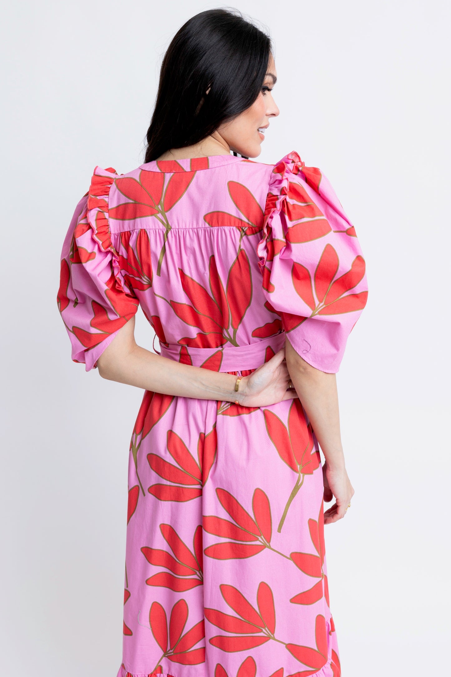 KARLIE Palm Floral Puff Sleeve Maxi Dress