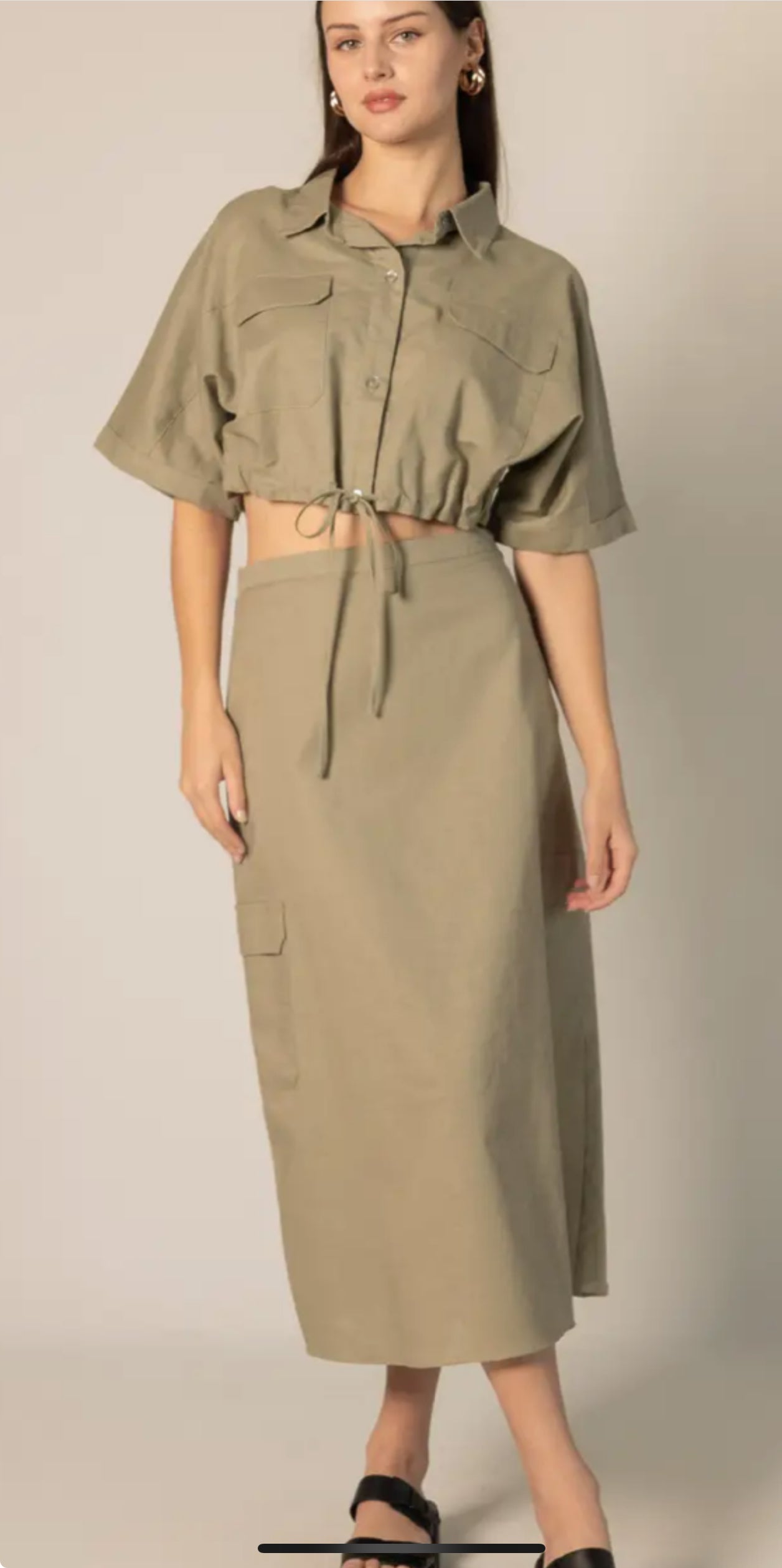 Linen Blend Crop Drawstring Top