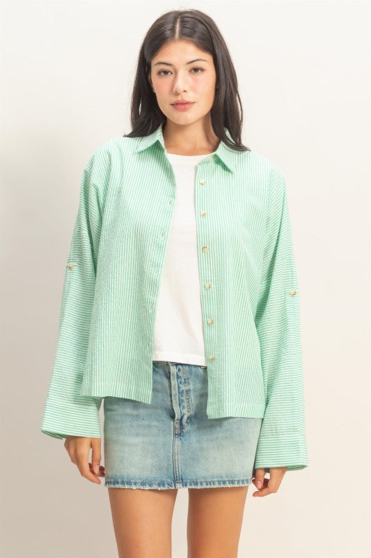 green stipe button down