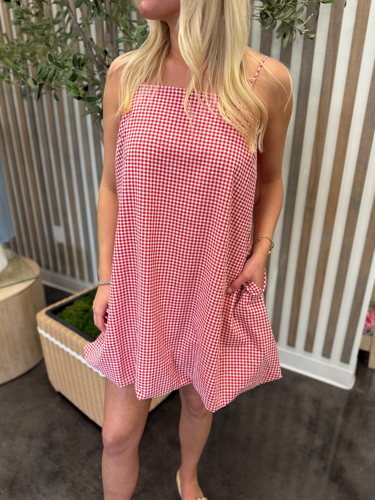 red gingham bubble hem mini dress