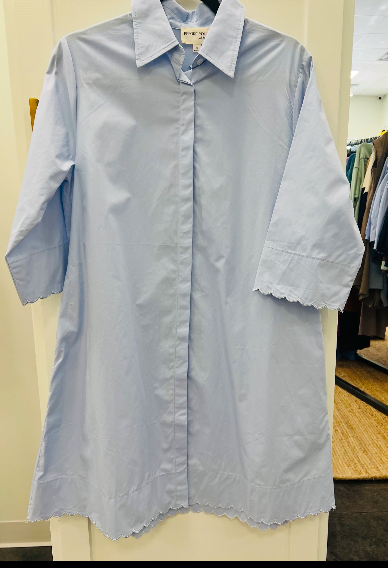 Poplin Scalloped Hem Button Up Shirt Dress