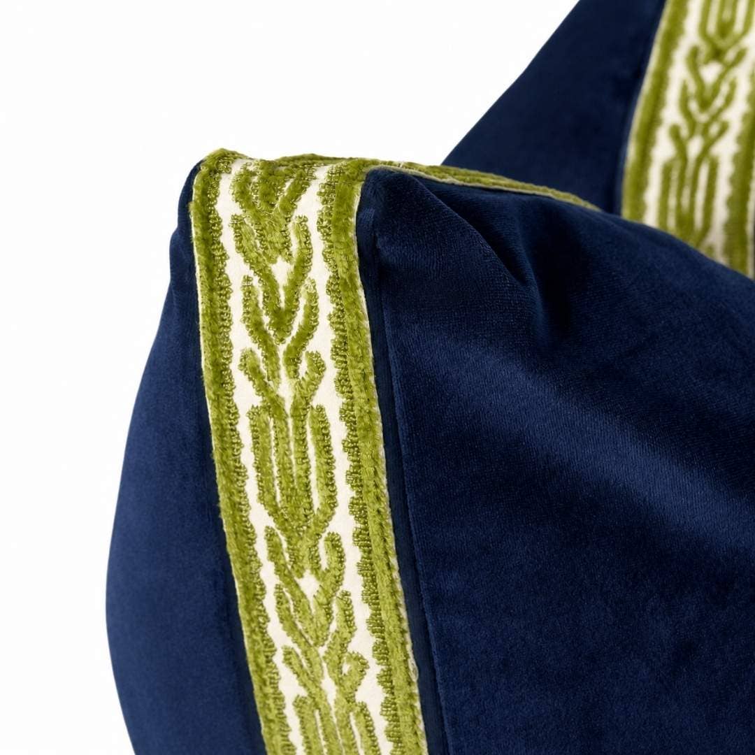 Navy Velvet Pillow with Green Embroidery