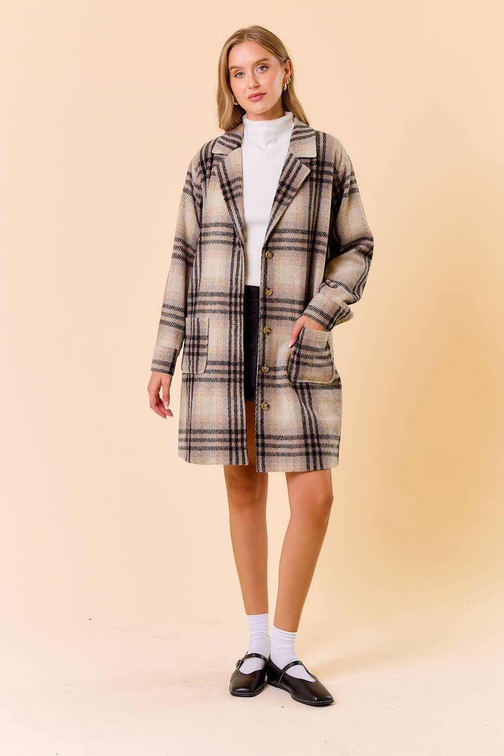 Plaid Front Button Closure Knee Length Coat