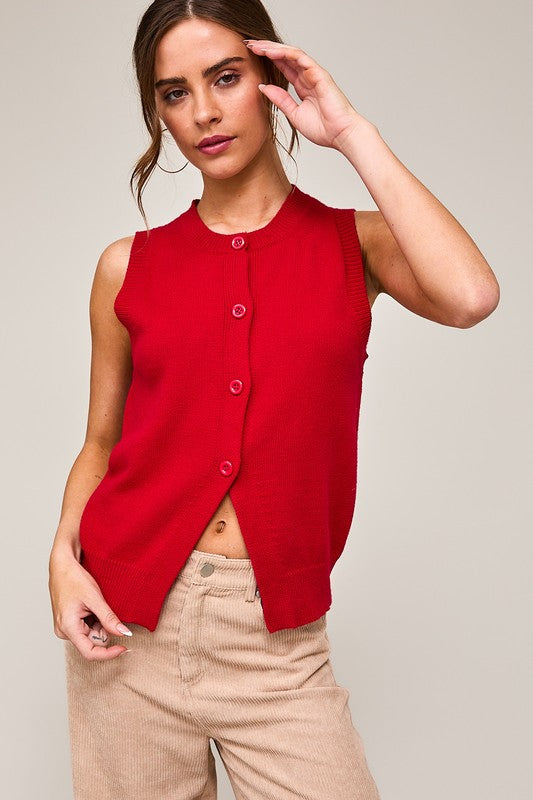 Red sleeveless button front top