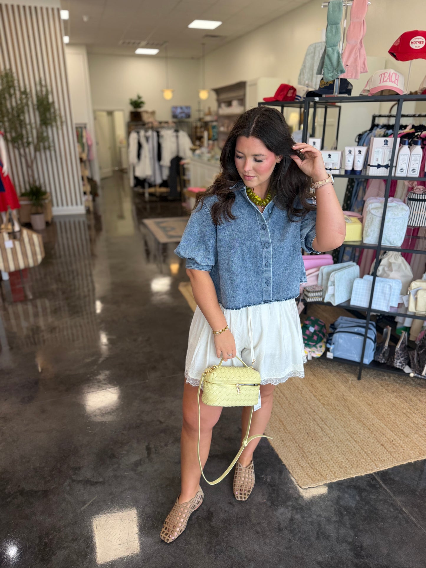 denim button puff sleeve top KARLIE