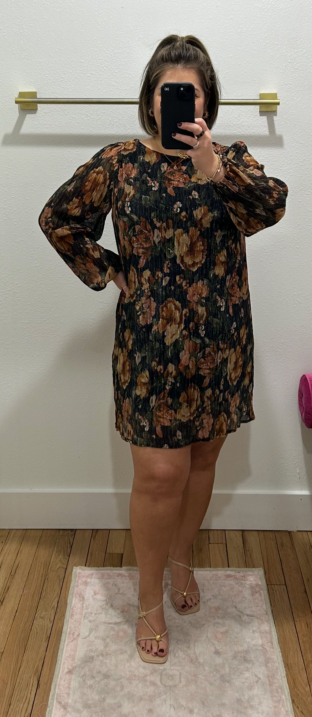 PLEATED LUREX FLOWER PRINT MINI DRESS