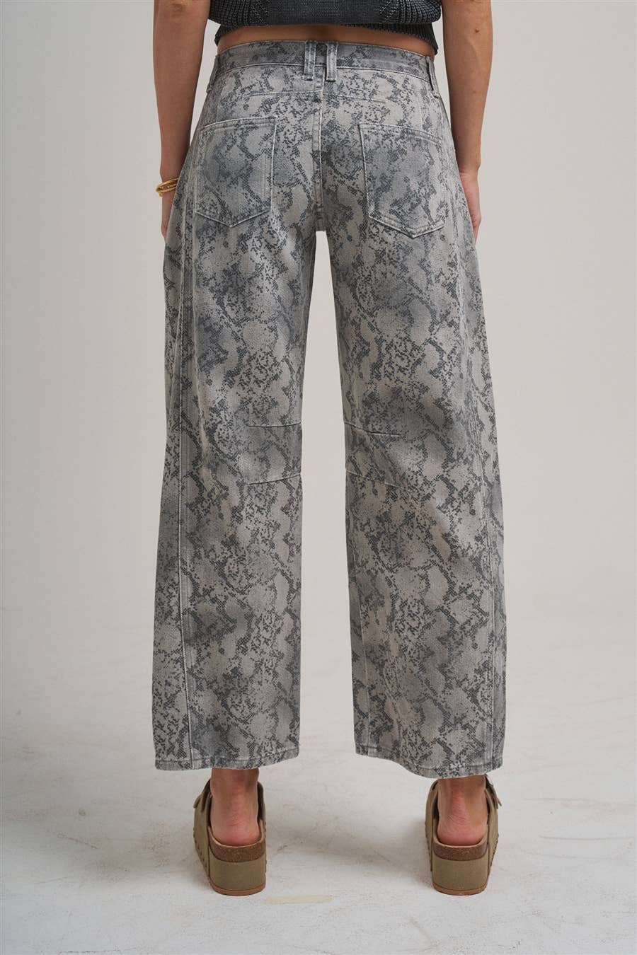 VINTAGE SNAKESKIN PRINT TWILL DENIM BARREL PANTS
