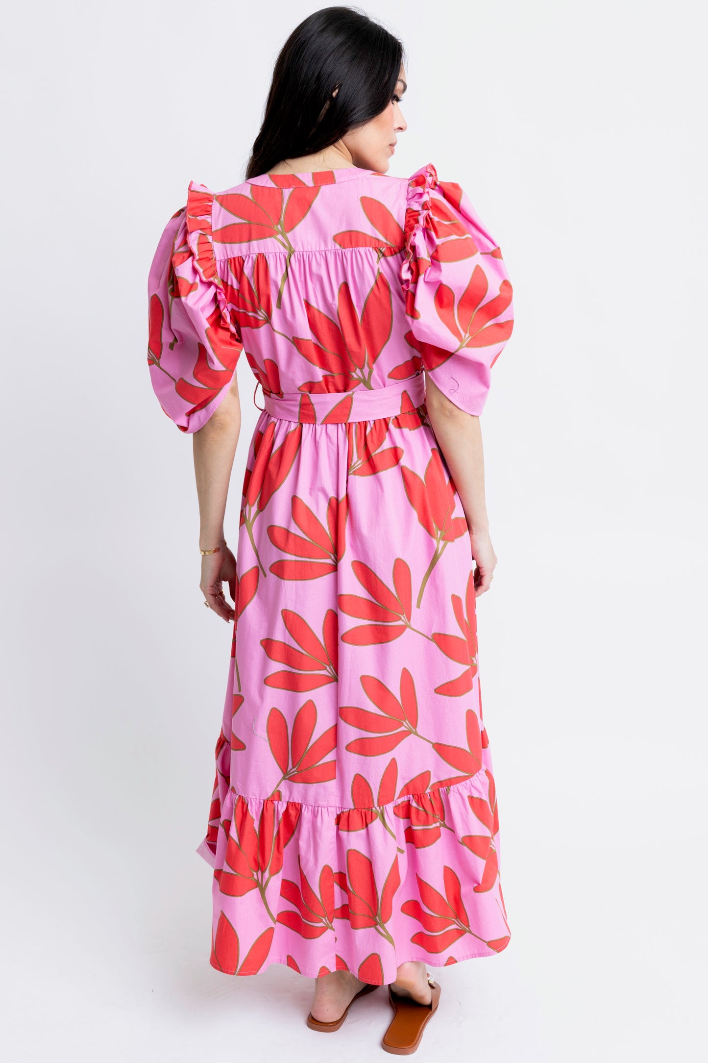 KARLIE Palm Floral Puff Sleeve Maxi Dress