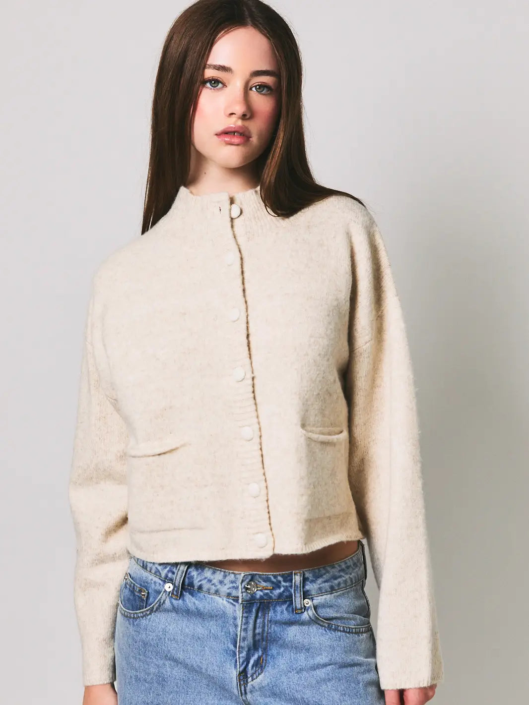 Mock Neck Front Pocket Cardigan