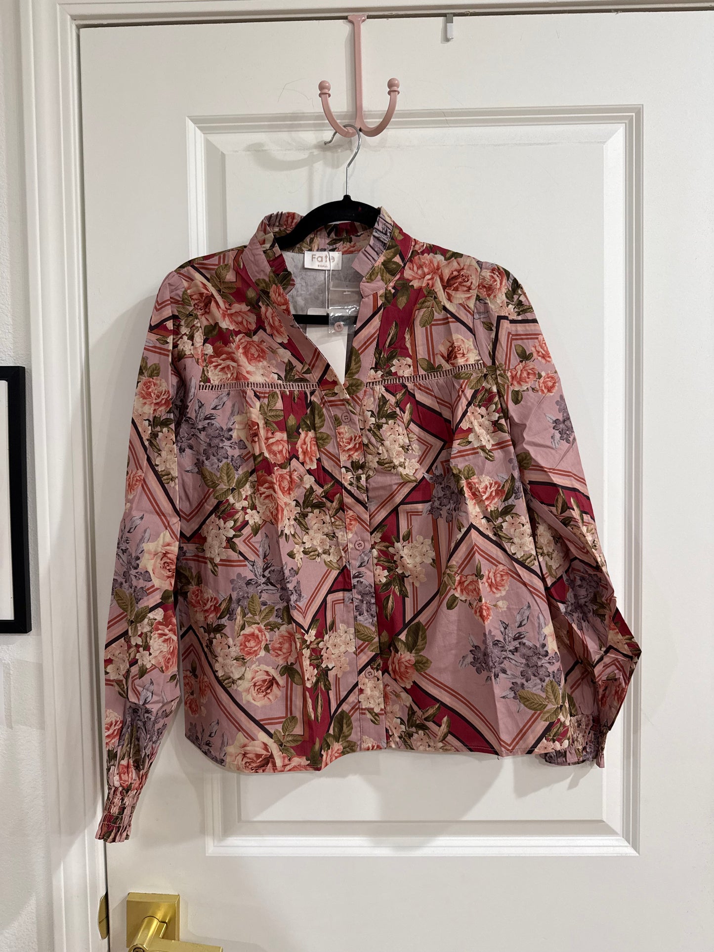 SCARF PRINT SPLIT NECK WITH RUFFLE