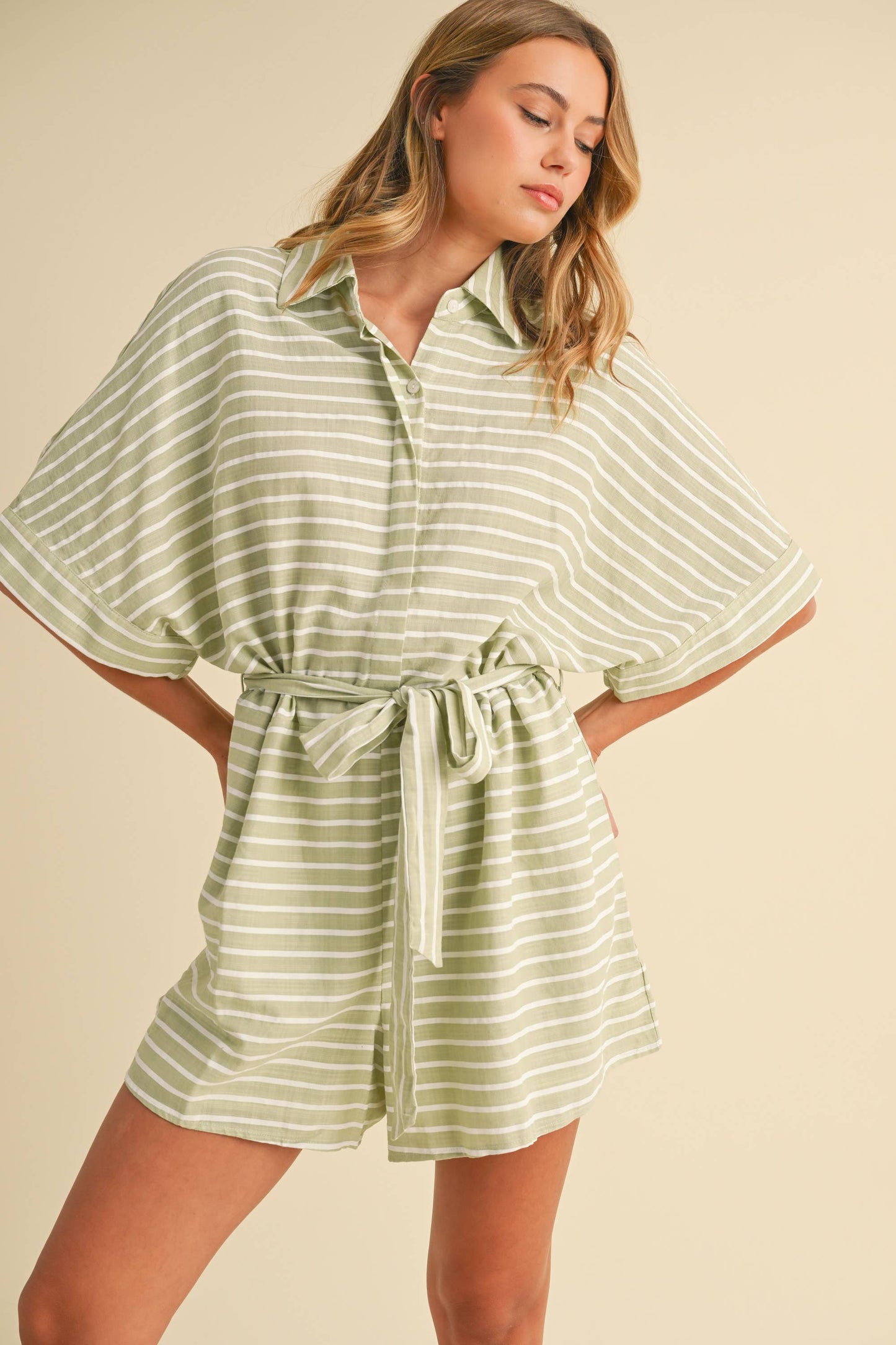 STRIPED RELAXED FIT BELTED SHORT SLEEVE ROMPER
