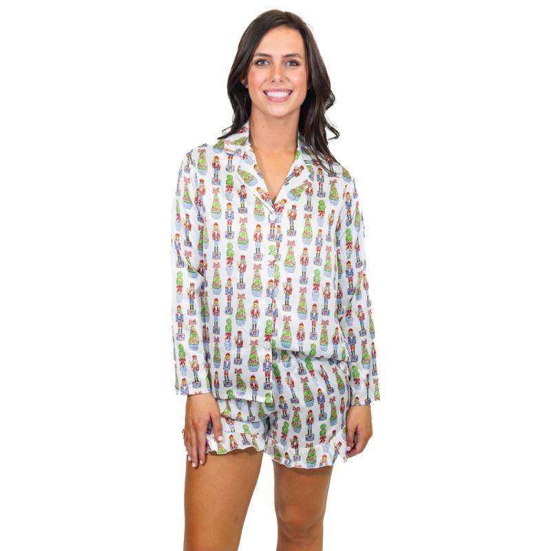 Festive Nutcracker Silky Satin Pajama Long Sleeve Short Set