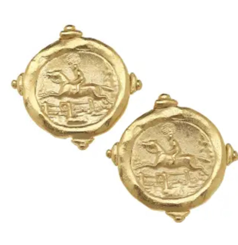 Gold Horse Intaglio Pierced Earrings - Susan Shaw 1990EG