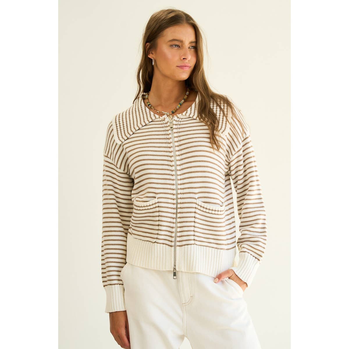 Striped Cotton Blend Zip-Up Sweater with Wide Collar