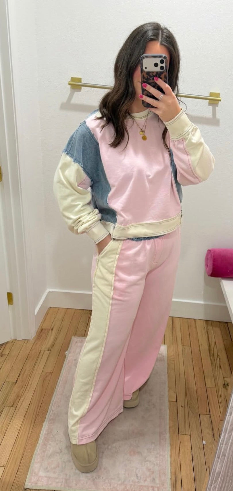 powder pink lounge denim trim set