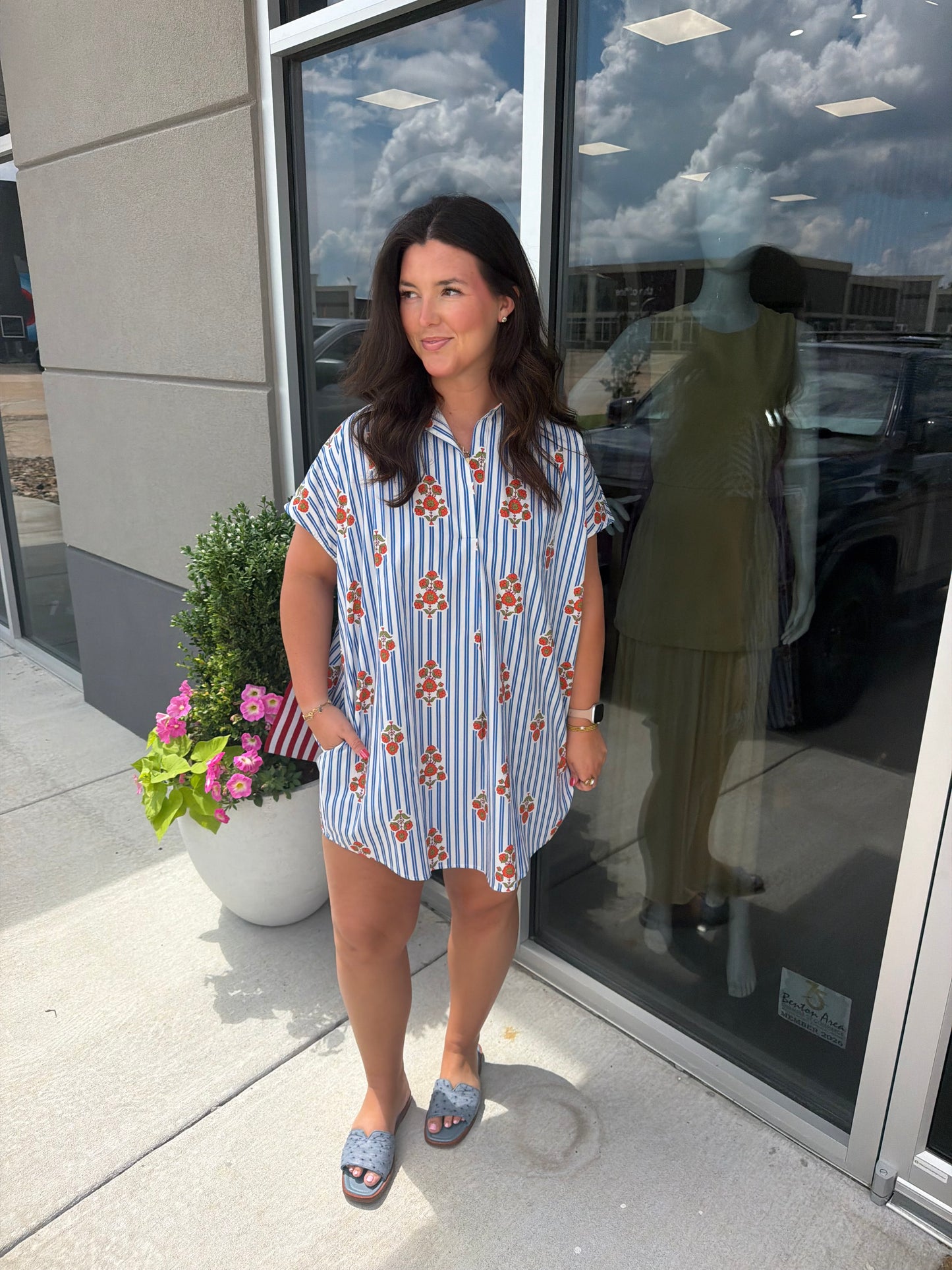 STRIPE FLORAL NECK SIGNATURE SHIRT Dress - Karlie