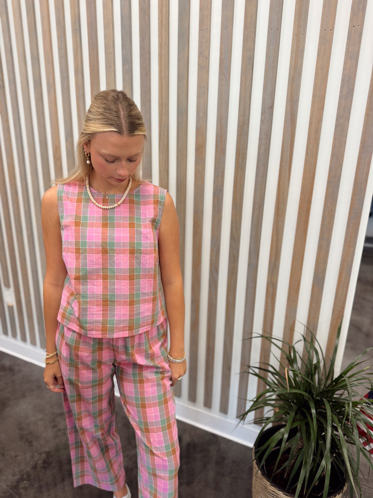 pink/green plaid pant set