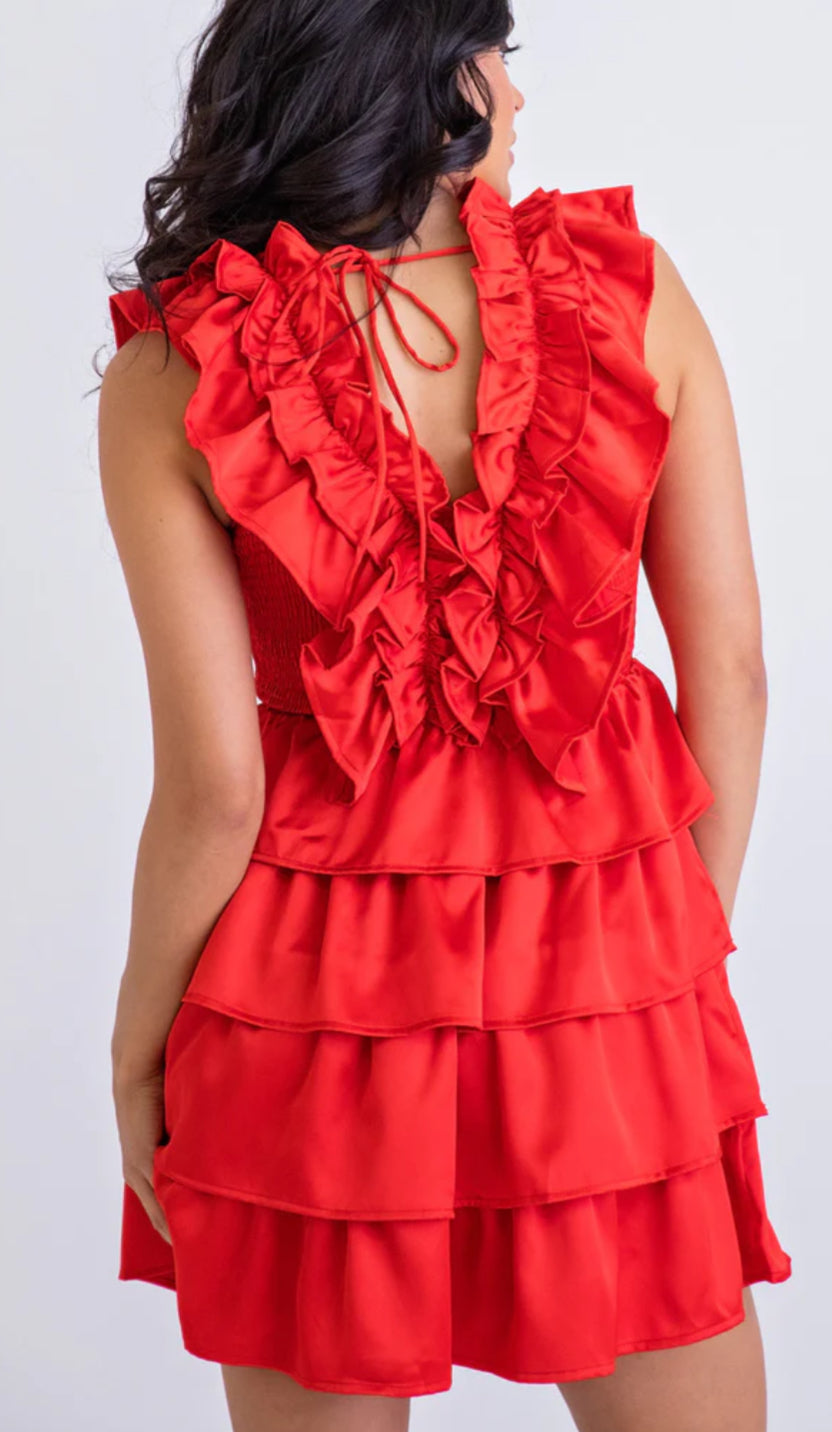Solid Satin Ruffle Smock Vneck Dress by Karlie
