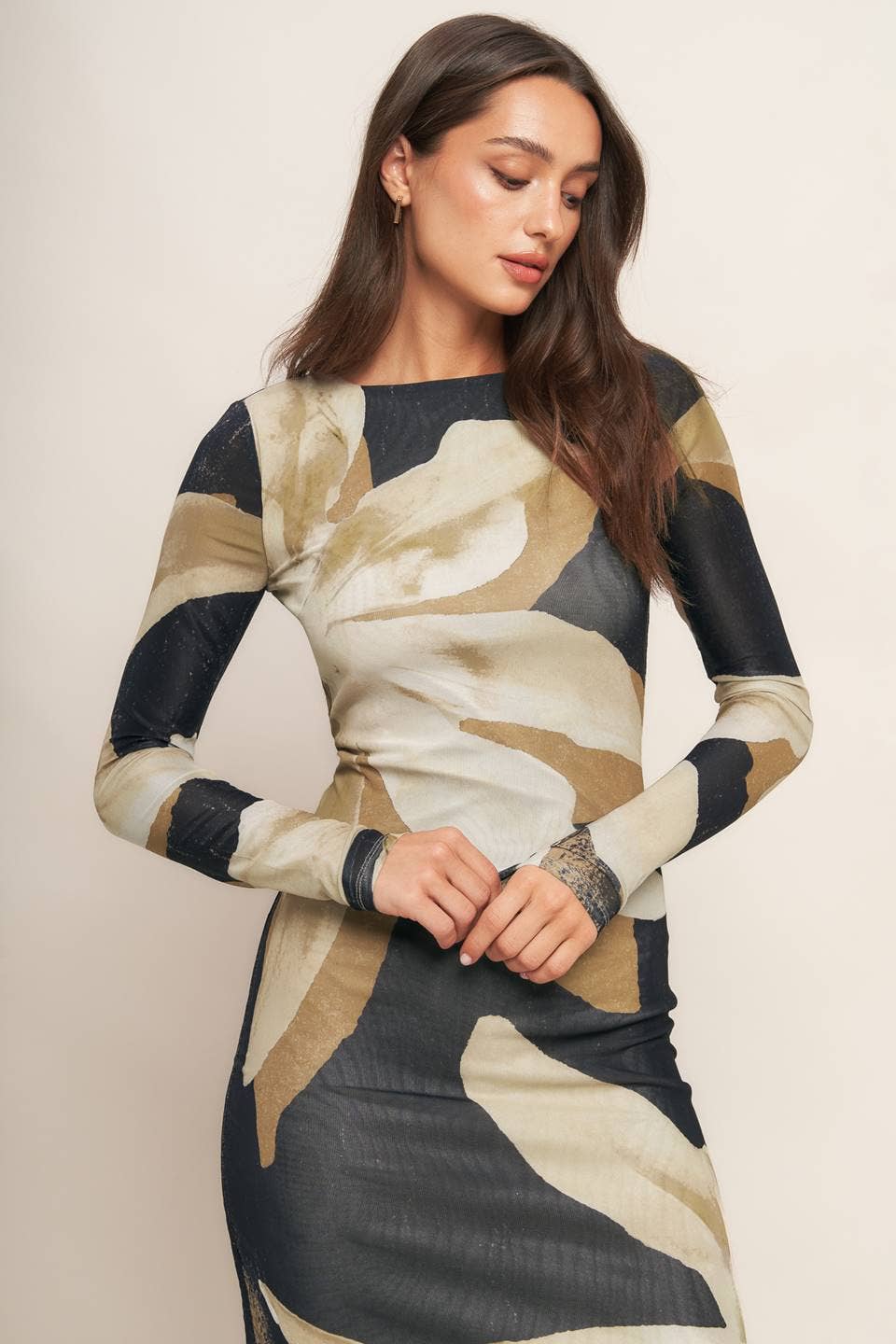 printed power mesh midi dress