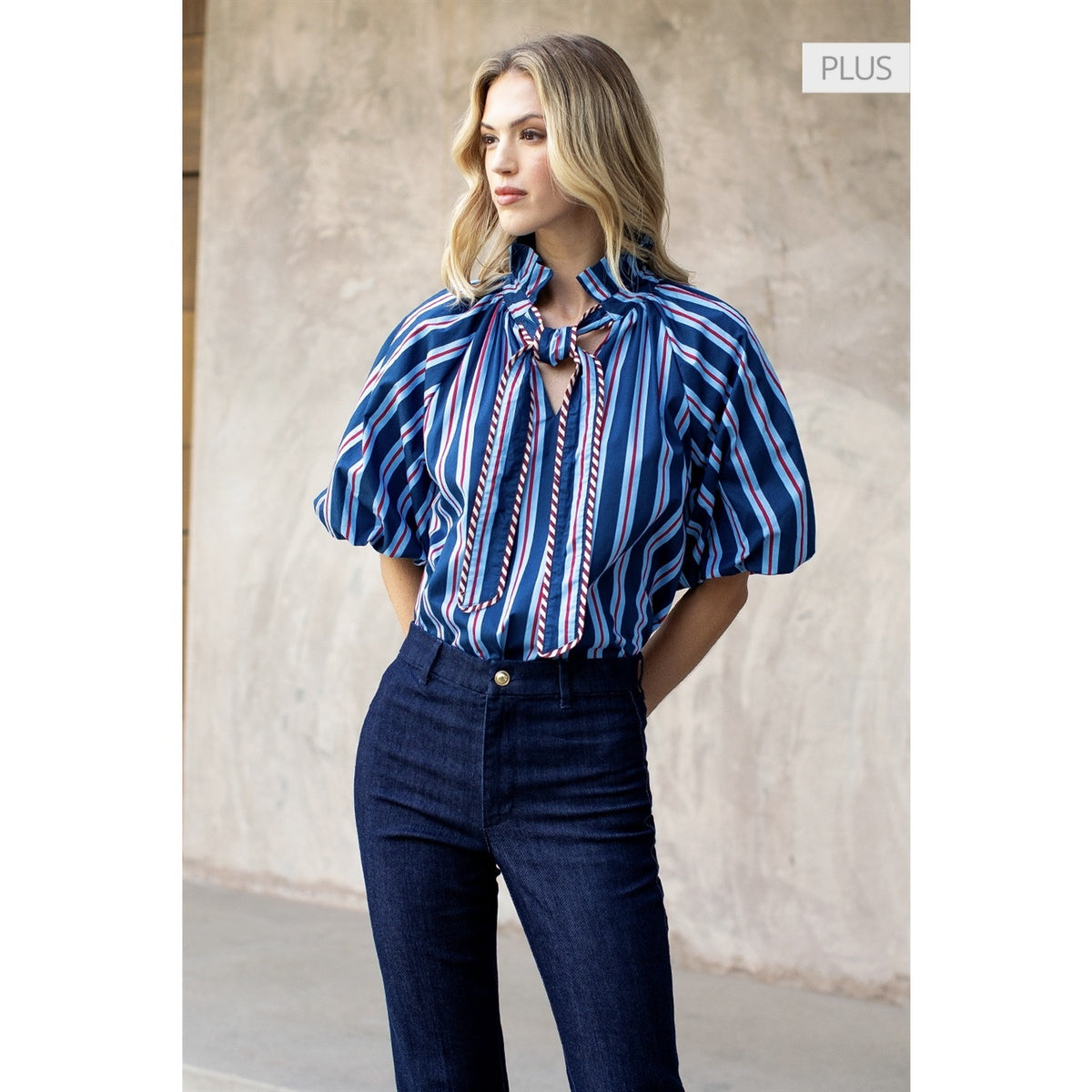 Stripe Puff Sleeve Tie Front top
