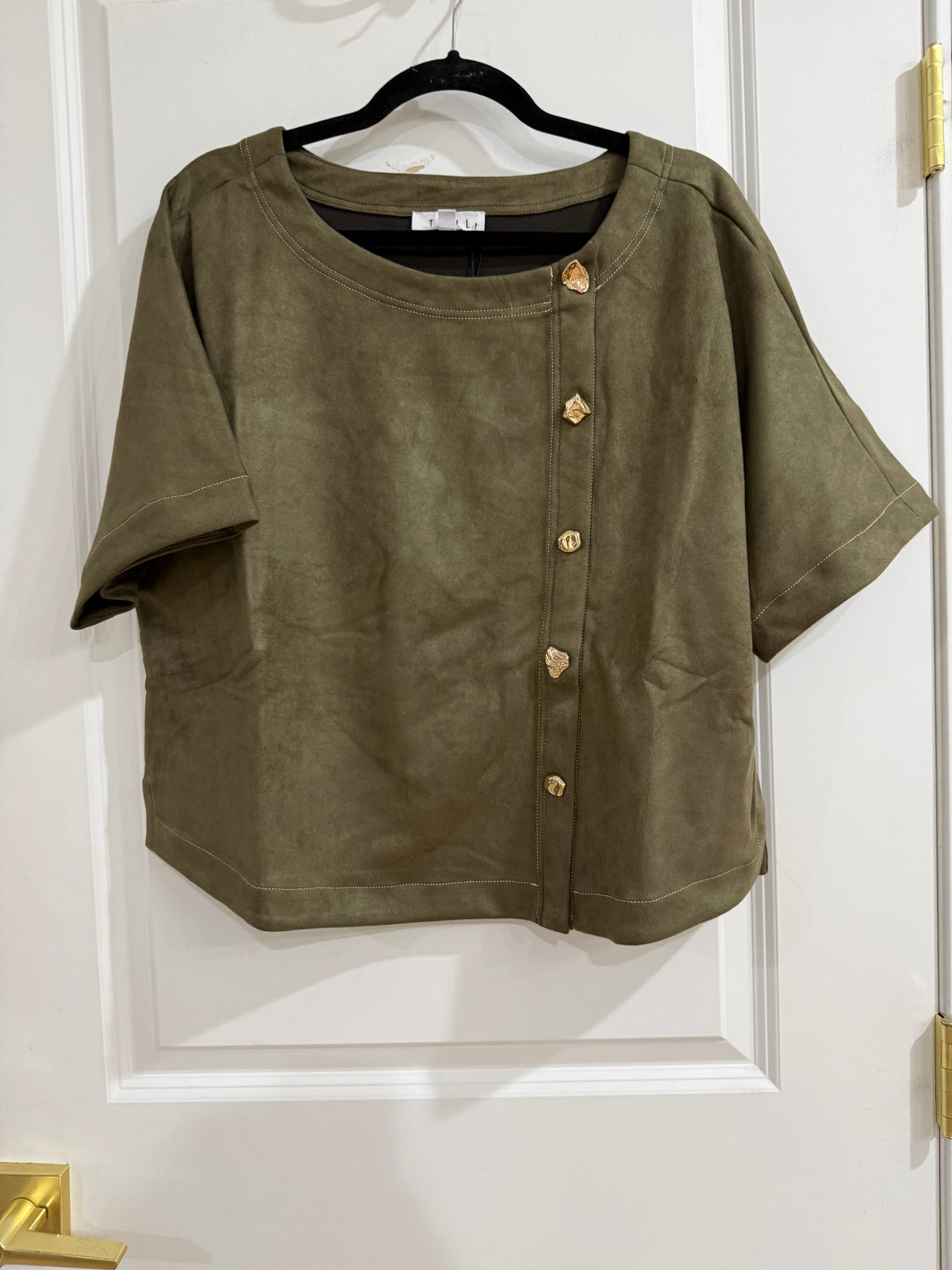 Suede olive top w/gold buttons