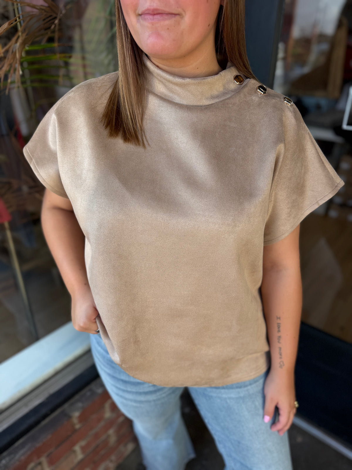 suede gold detail top