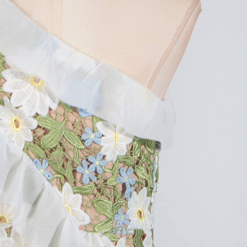 DR409 Floral Embroidered One-Shoulder Ruffle Maxi Dress