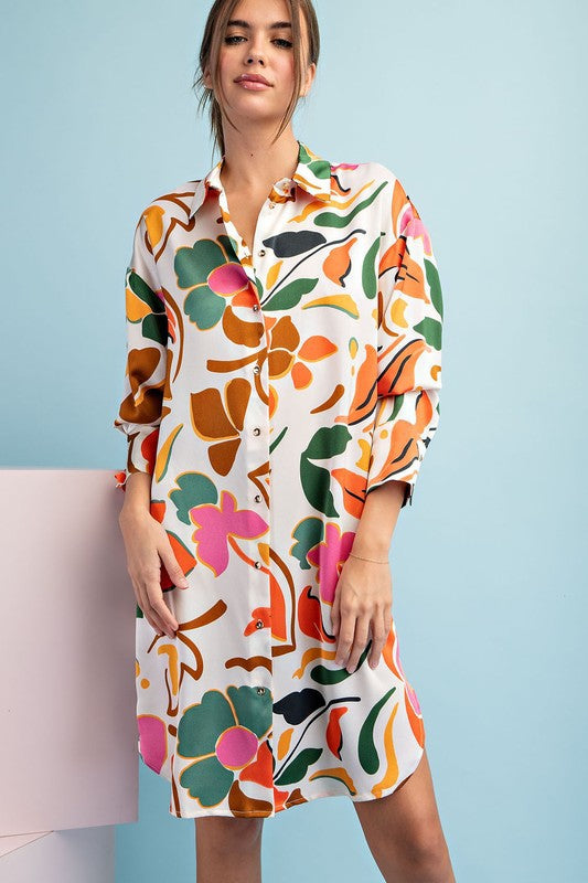 Tangerine Printed Button Down Dress