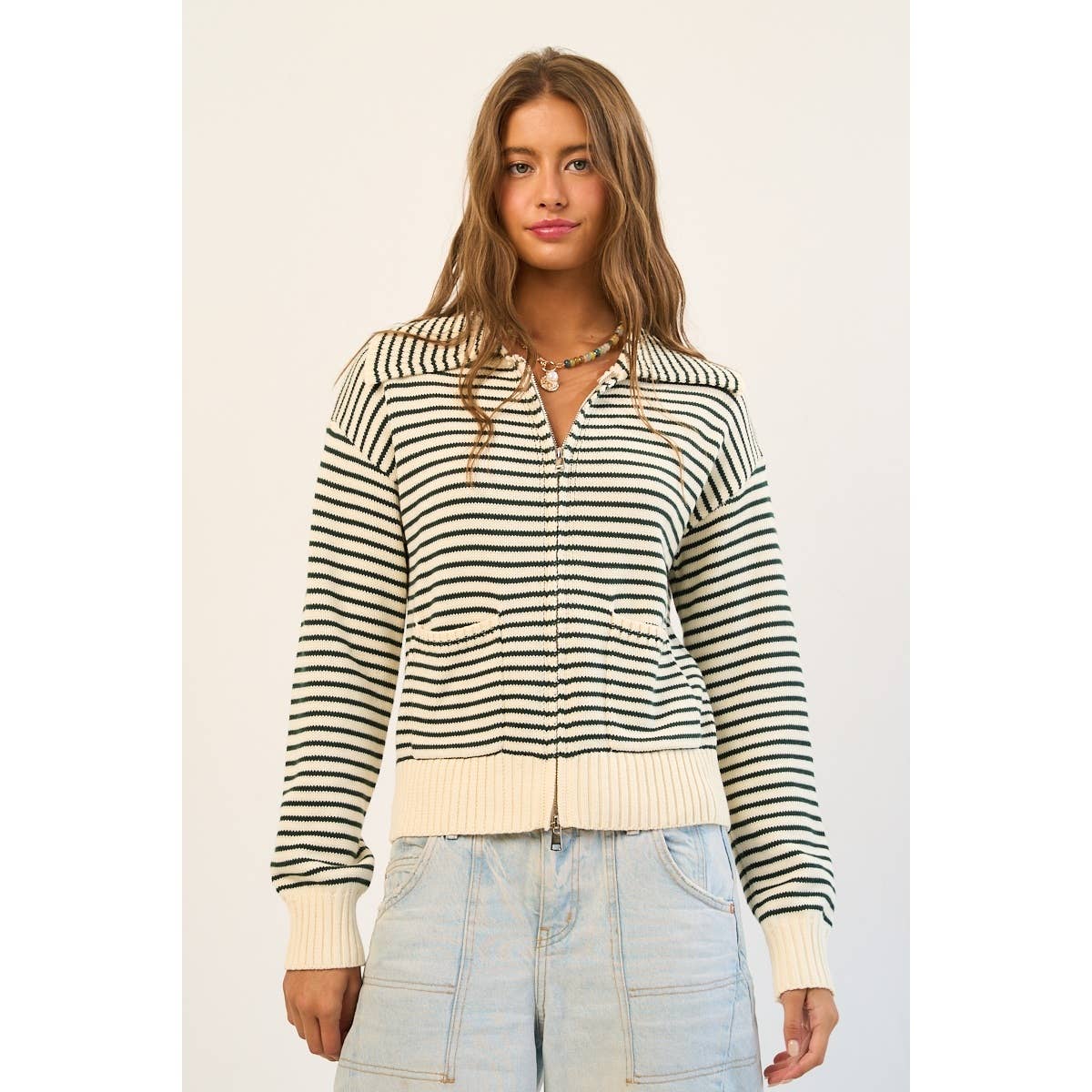 Striped Cotton Blend Zip-Up Sweater with Wide Collar