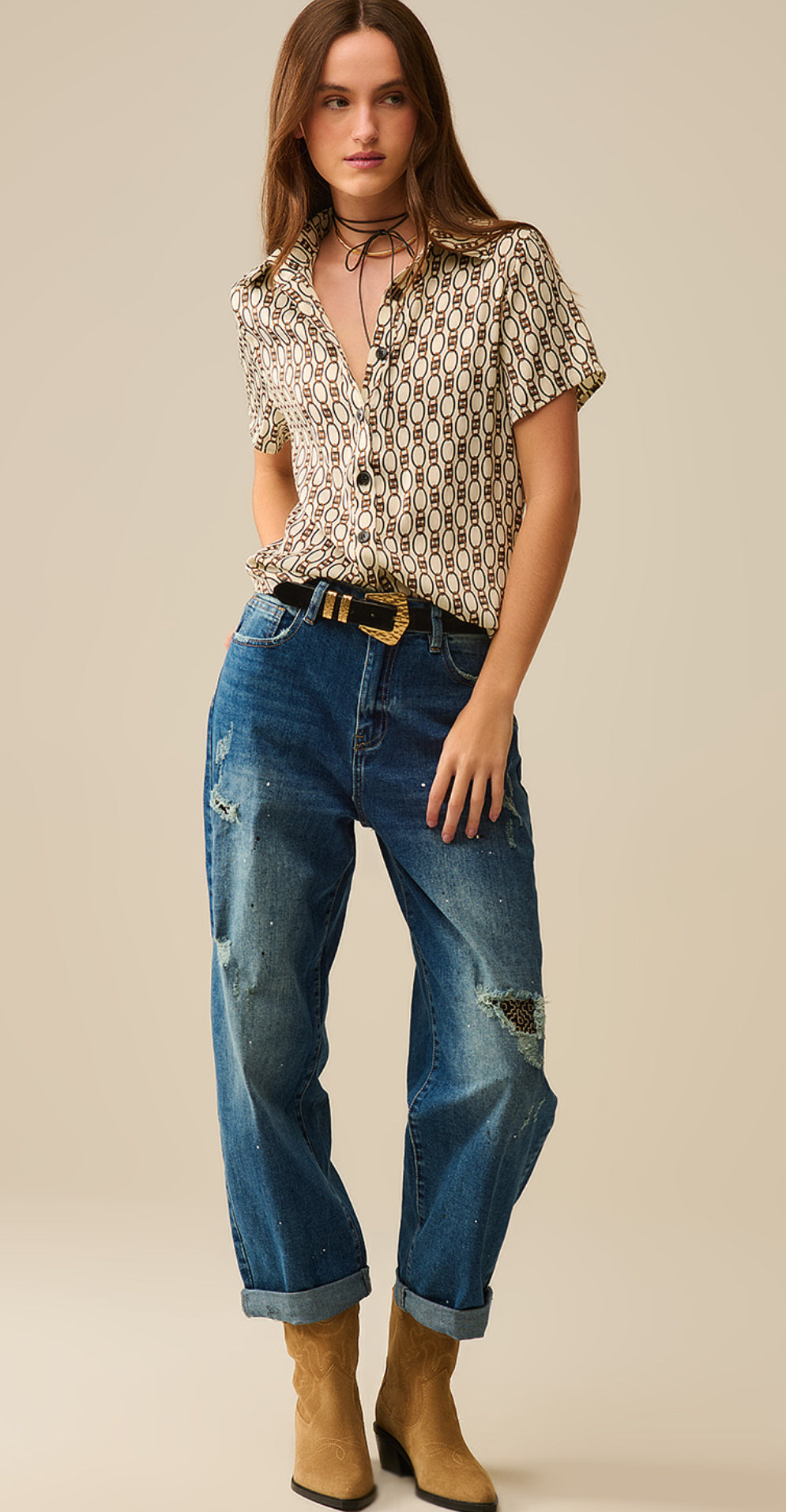 Beige Short-sleeved Chain Print