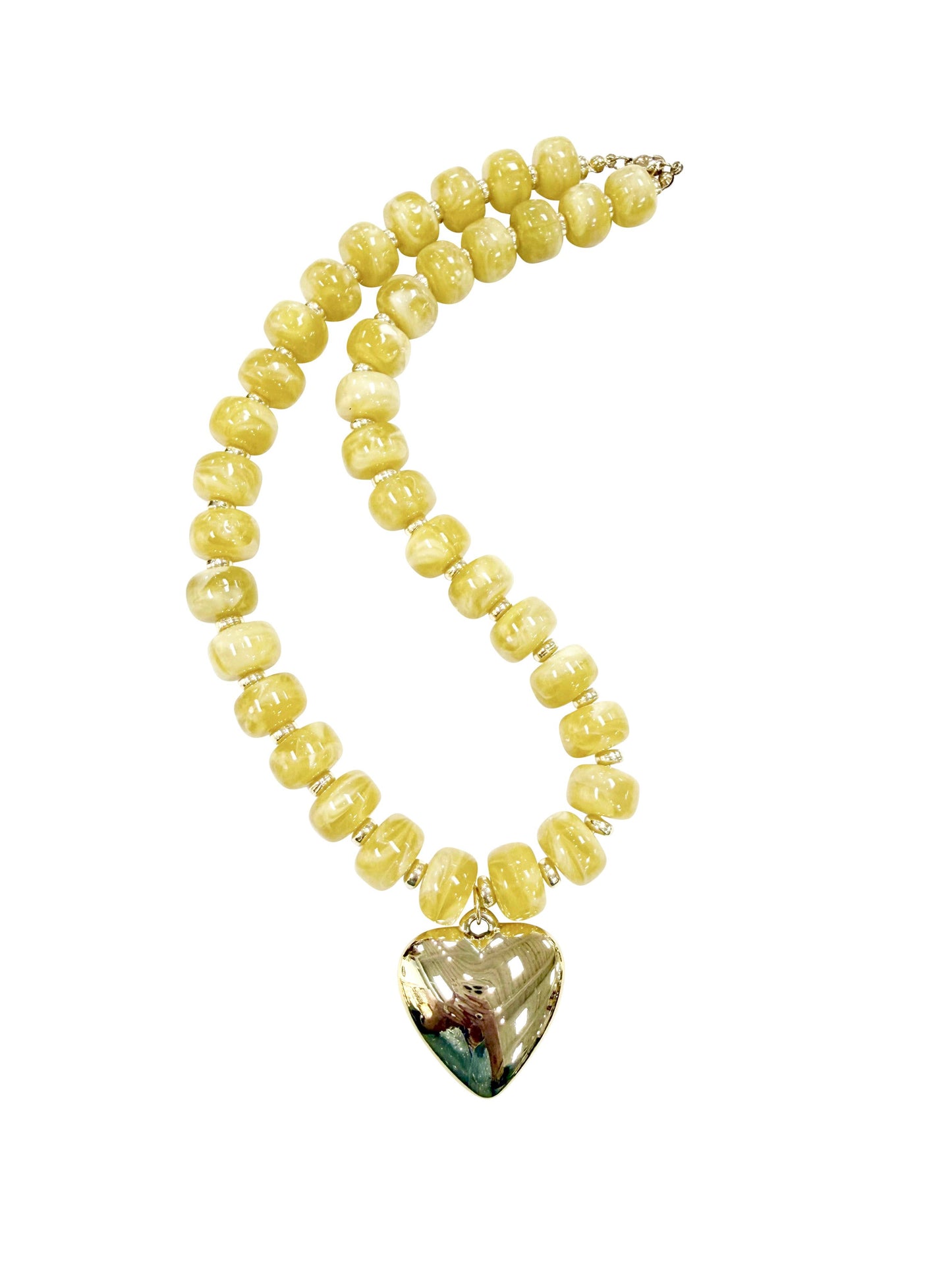 Lundie Chunky Beaded Necklace with Heart Charm- Yellow