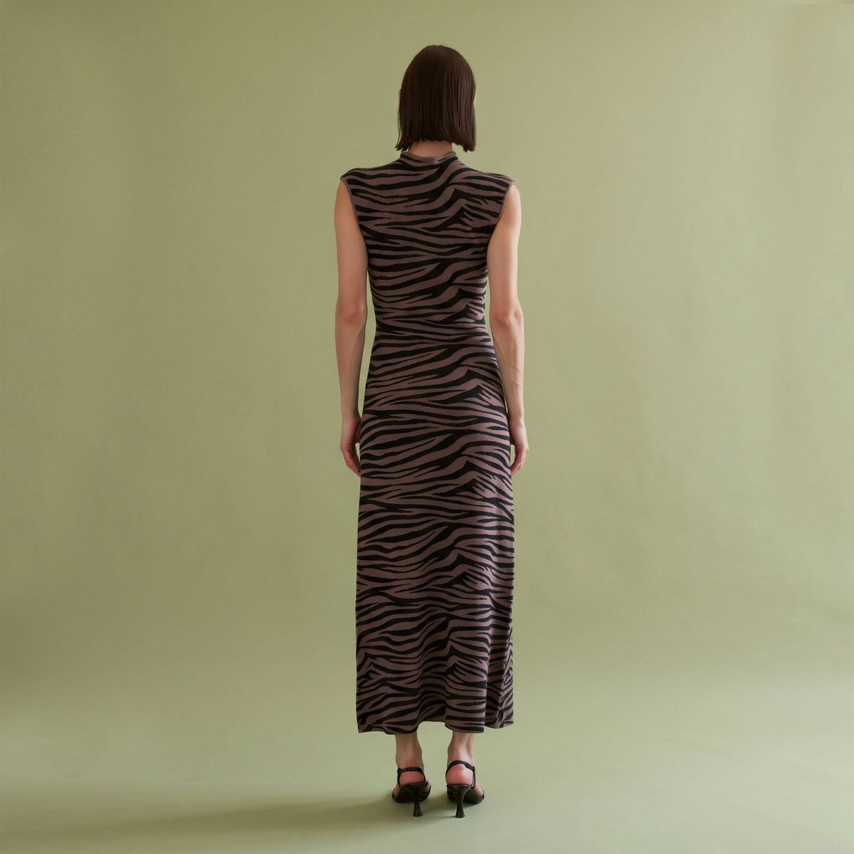 Zebra Print Mock Neck Sleeveless Knit Maxi Dress