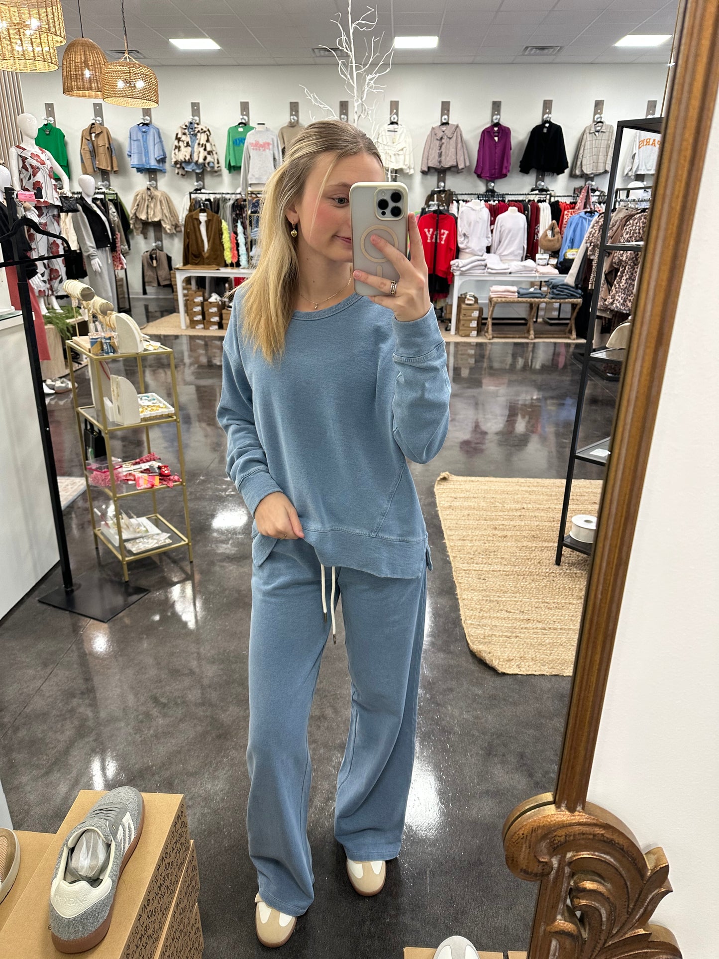 terry denim long sleeve top- light blue