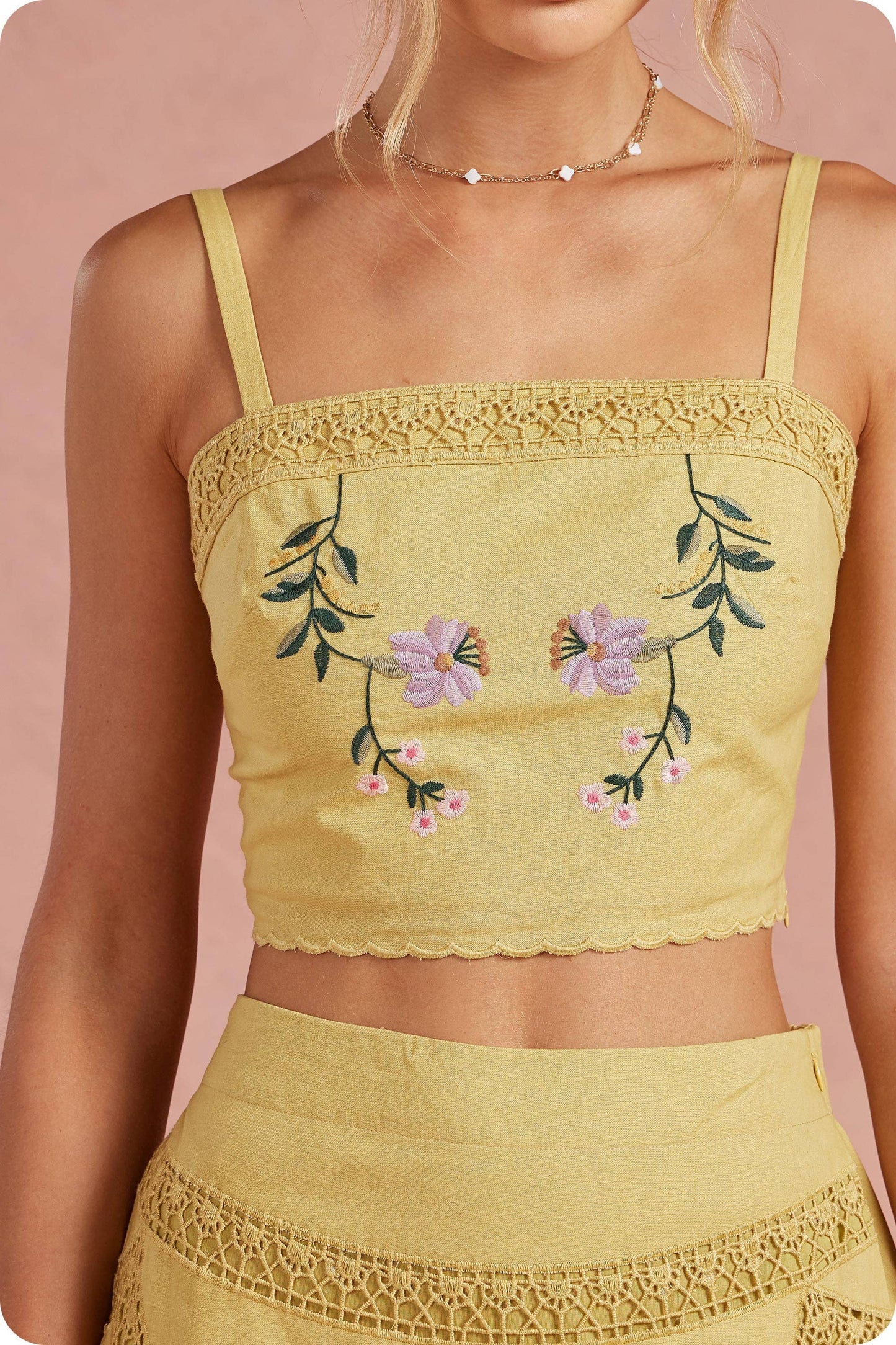 Embroidered Floral Lace Detail Top Skirt Set