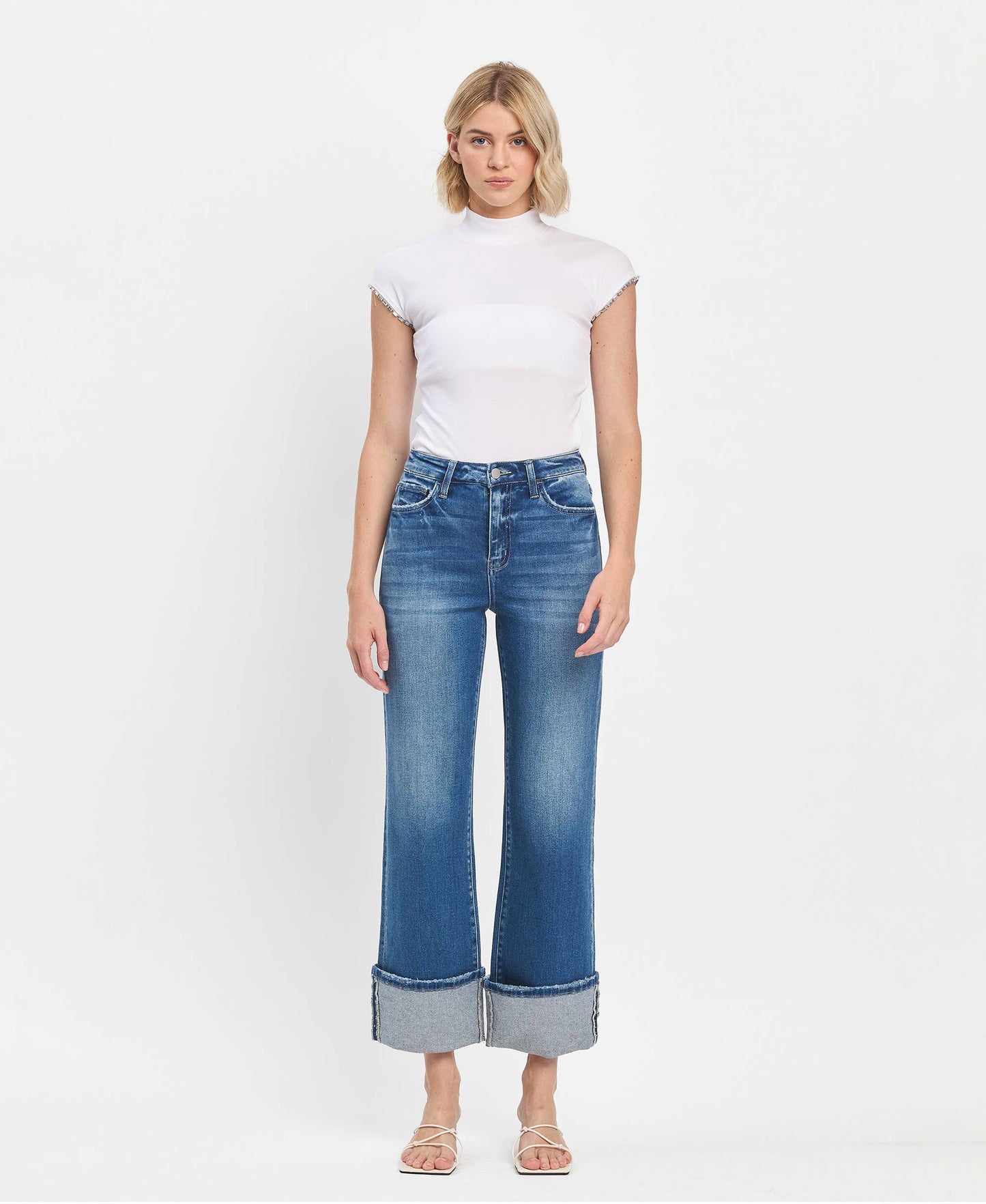 90'S VINTAGE SUPER HIGH RISE CUFFED FLARE JEANS