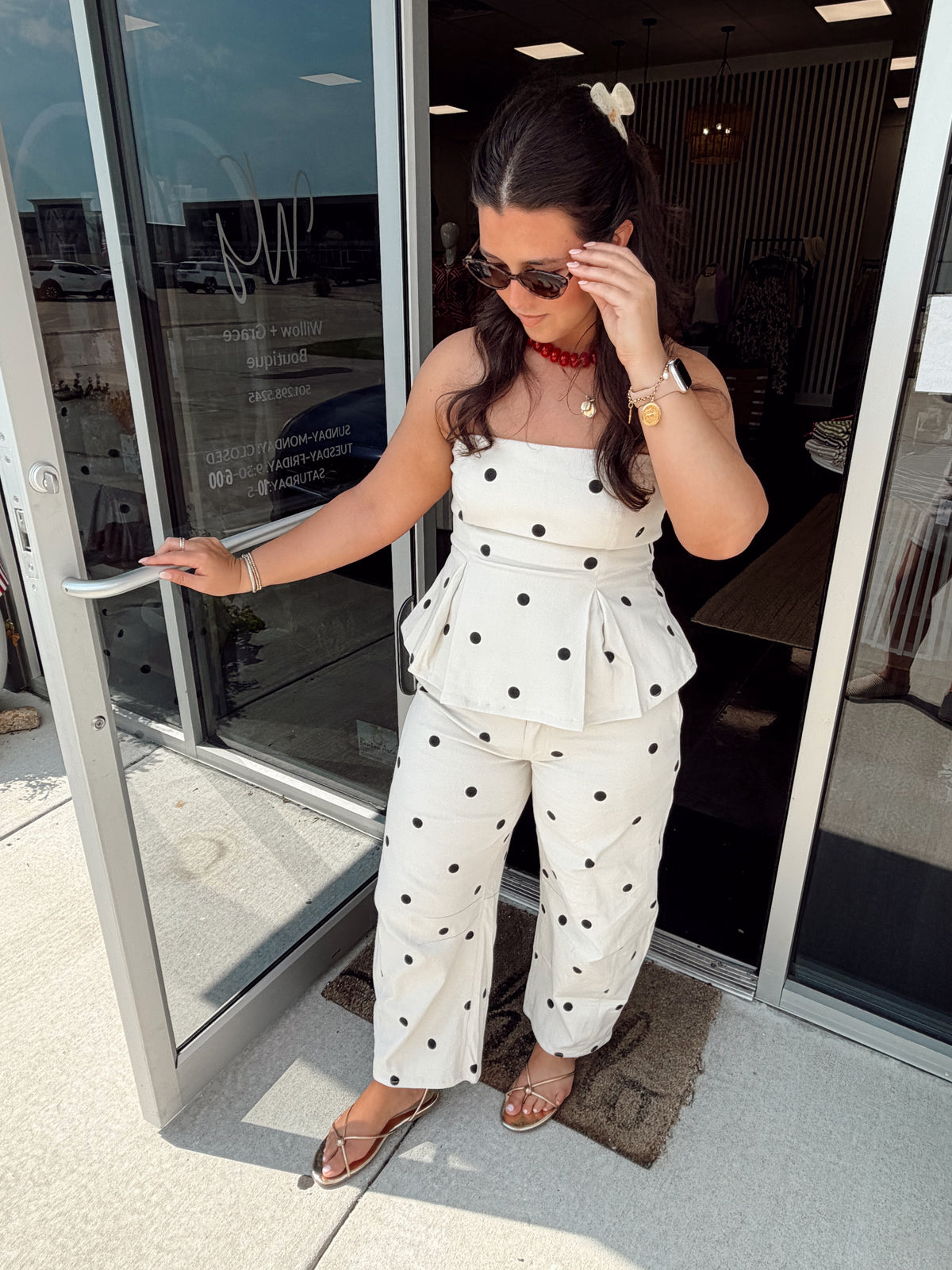 POLKADOT STRAPLESS PEPLUM TOP AND BARREL PANTS SET