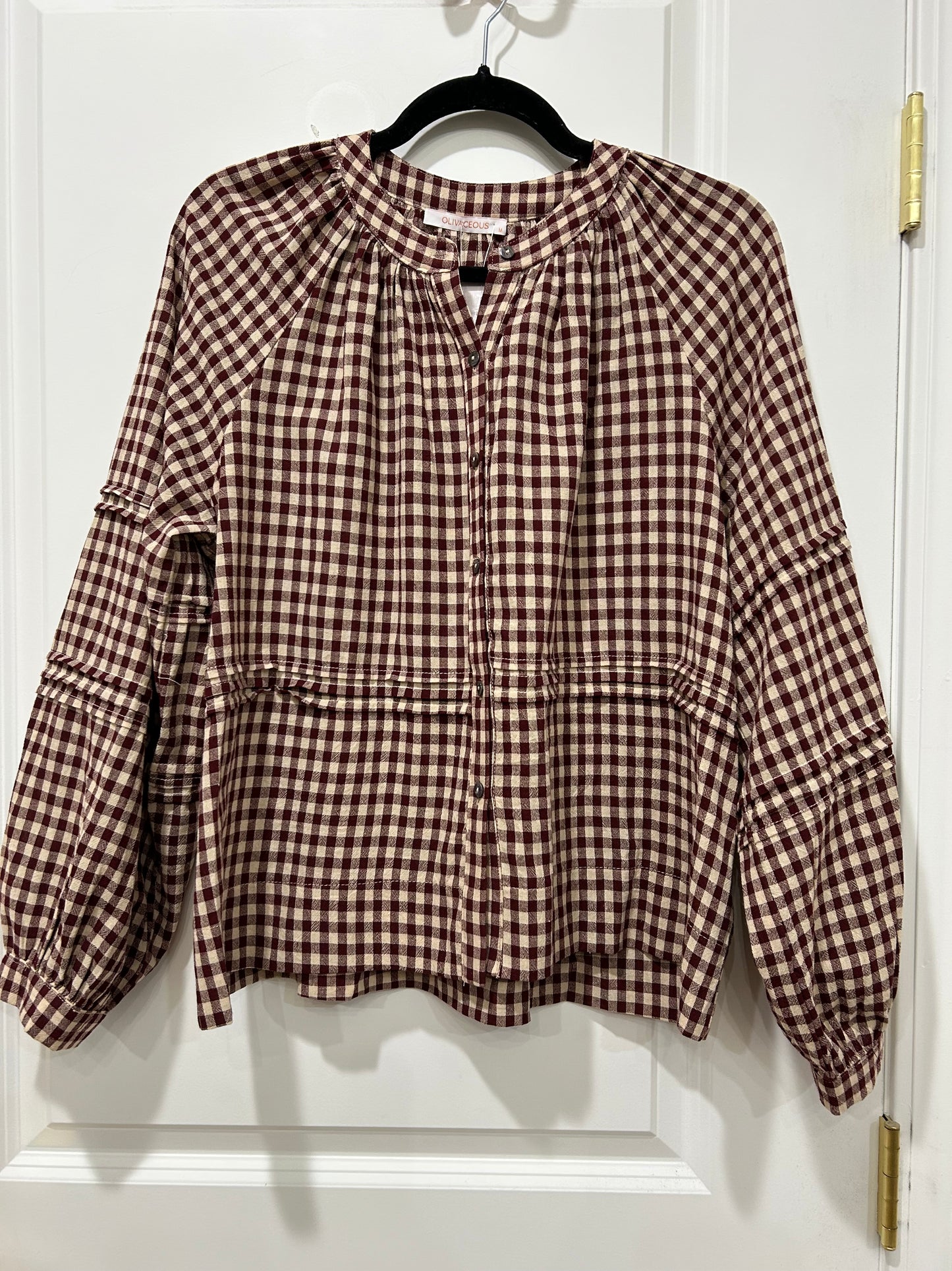 burgundy taupe gingham blouse