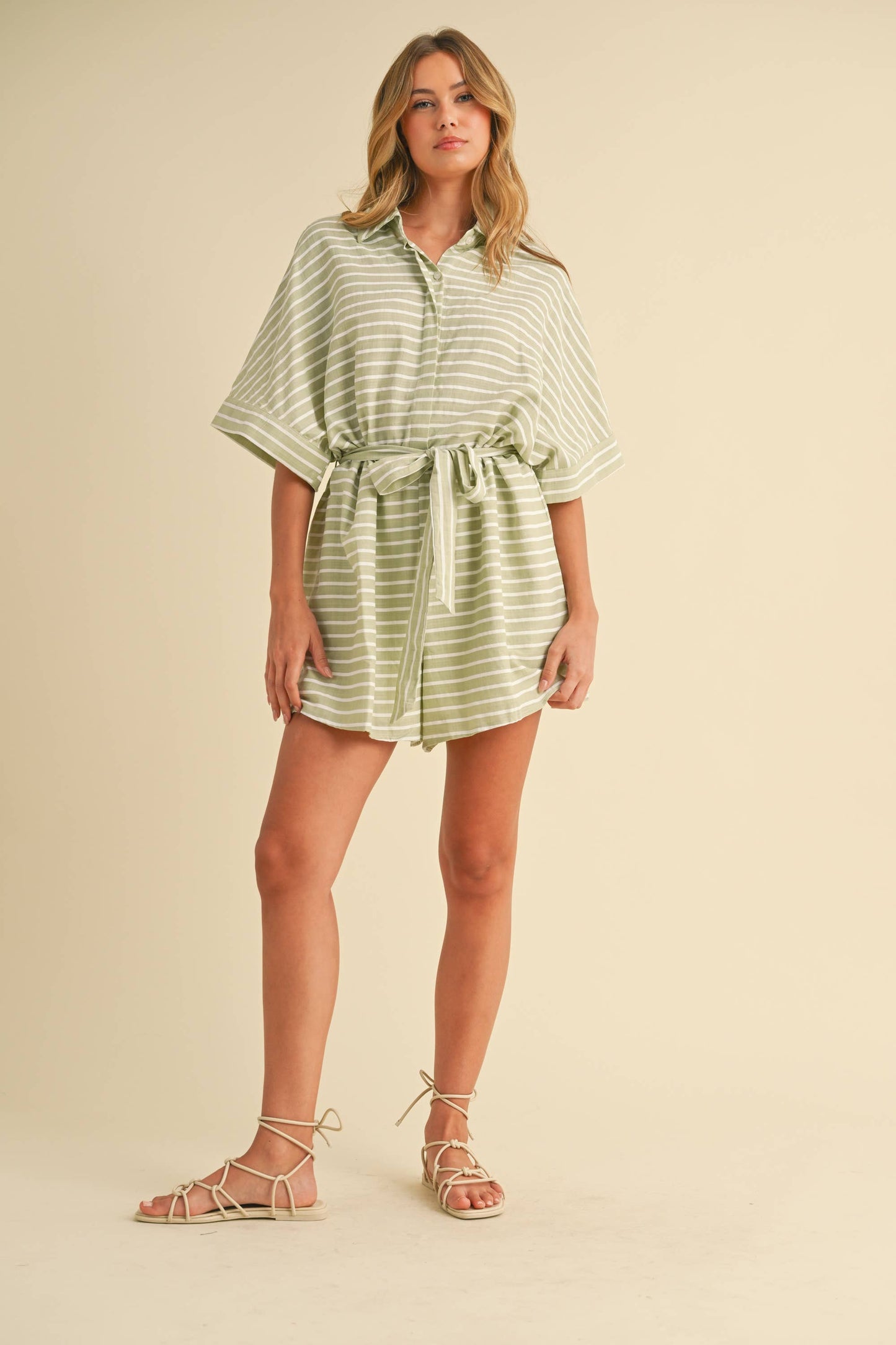 STRIPED RELAXED FIT BELTED SHORT SLEEVE ROMPER